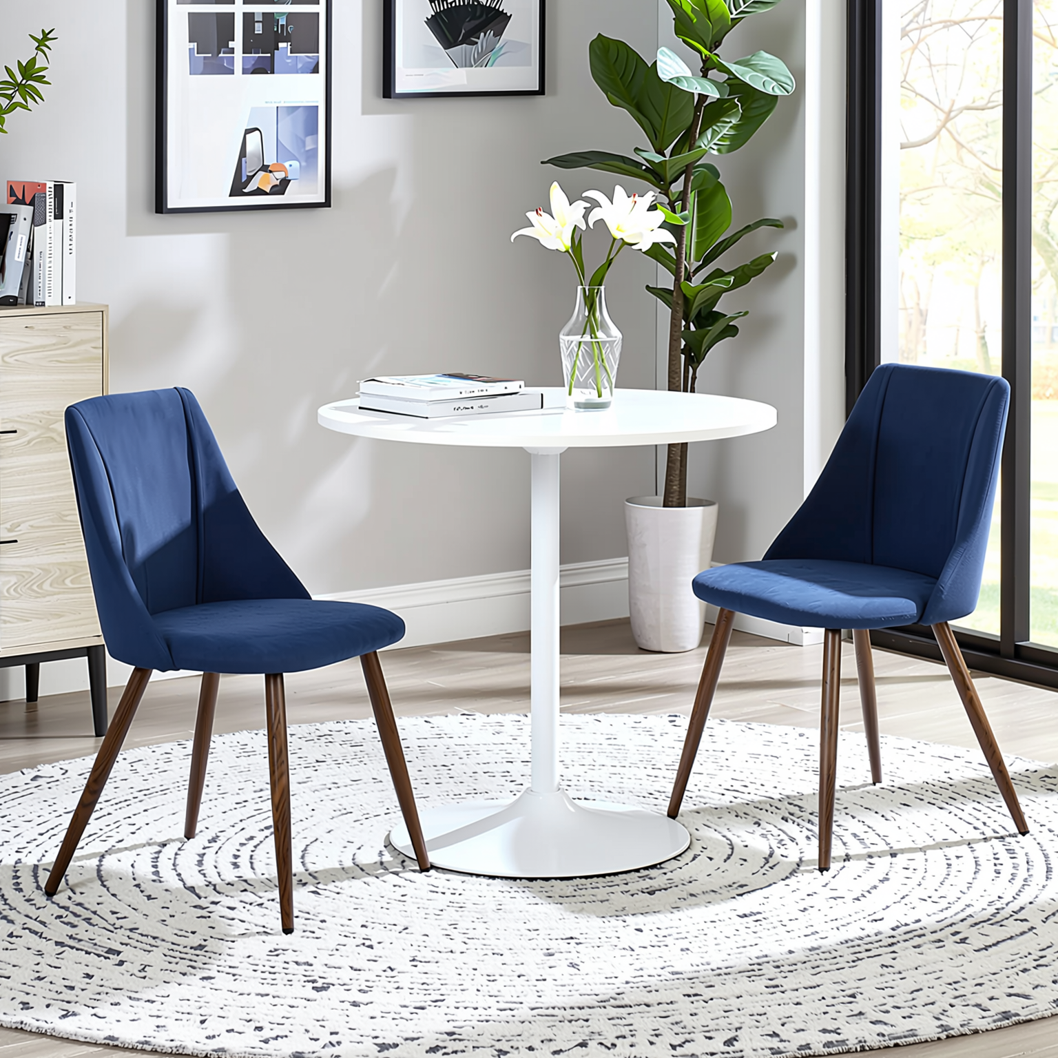 Homy Casa CLIFT+SMEG 3PC Dining Set 31.5" Round White Table with Dark Blue Fabric Chair Open Box