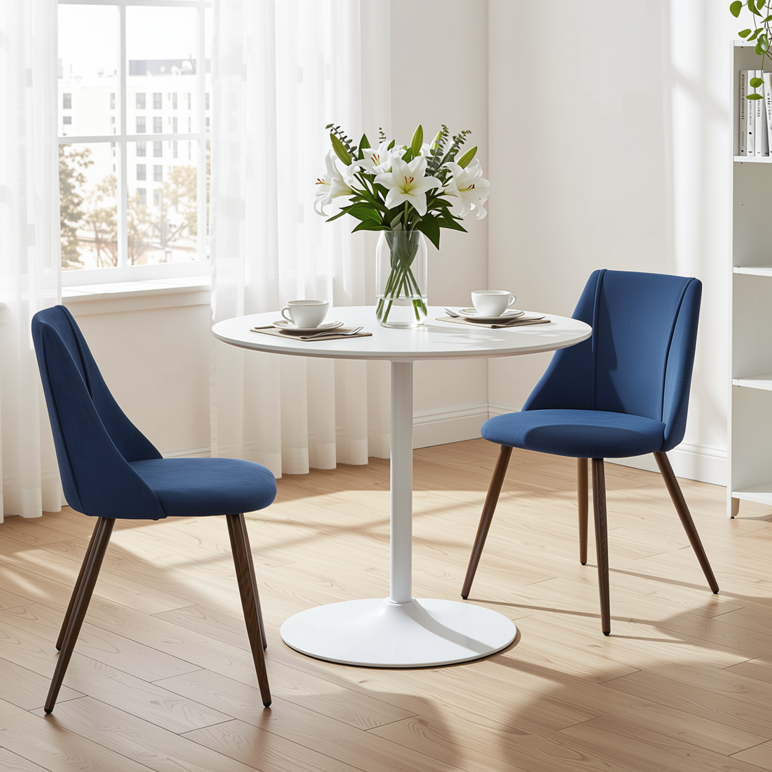 Homy Casa CLIFT+SMEG 3PC Dining Set 31.5" Round White Table with Dark Blue Fabric Chair Open Box