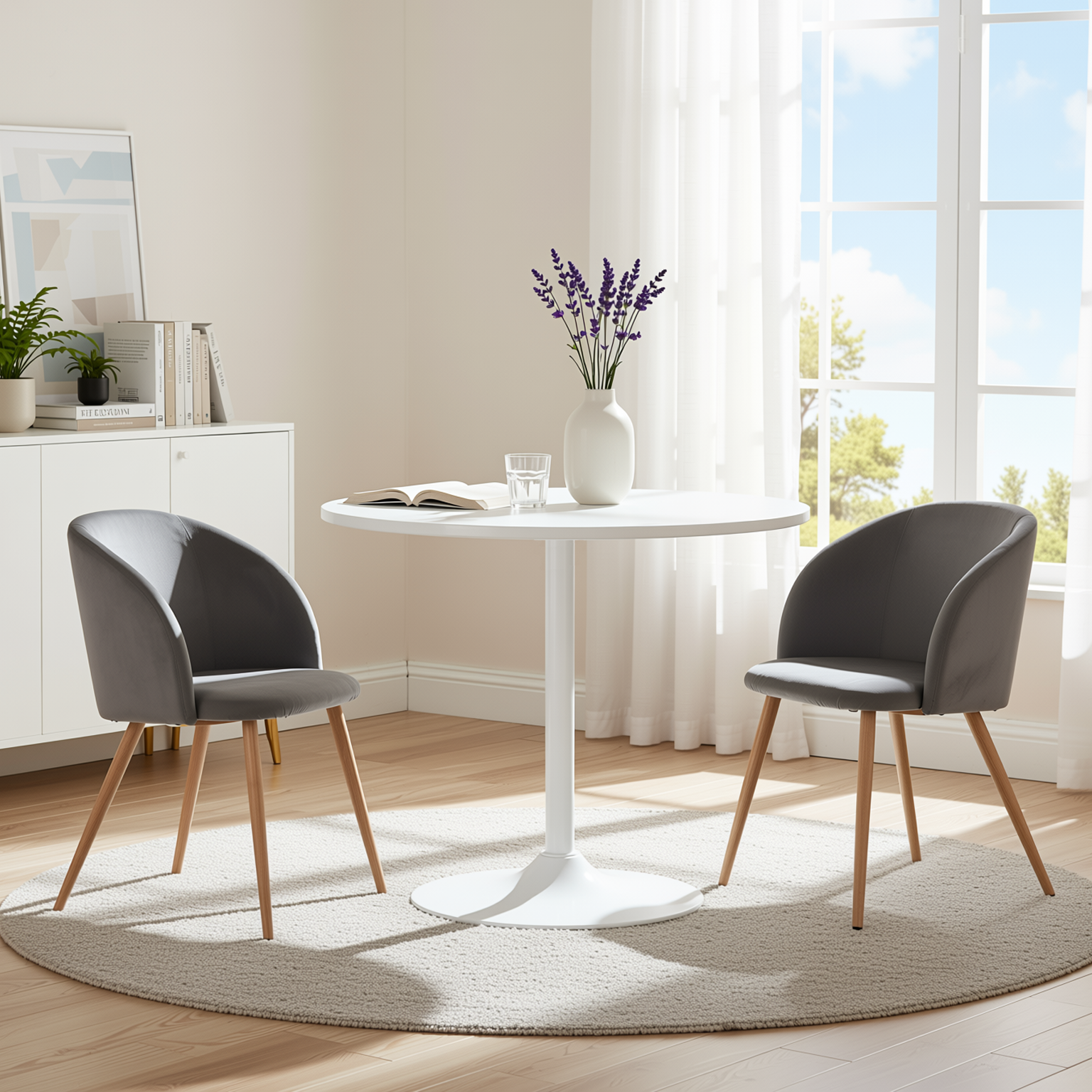 Homy Casa CLIFT 3PC Dining Set 31.5” White Round Table with 2 Ynez Grey Chairs for Dining, Office, or Small Spaces Open Box