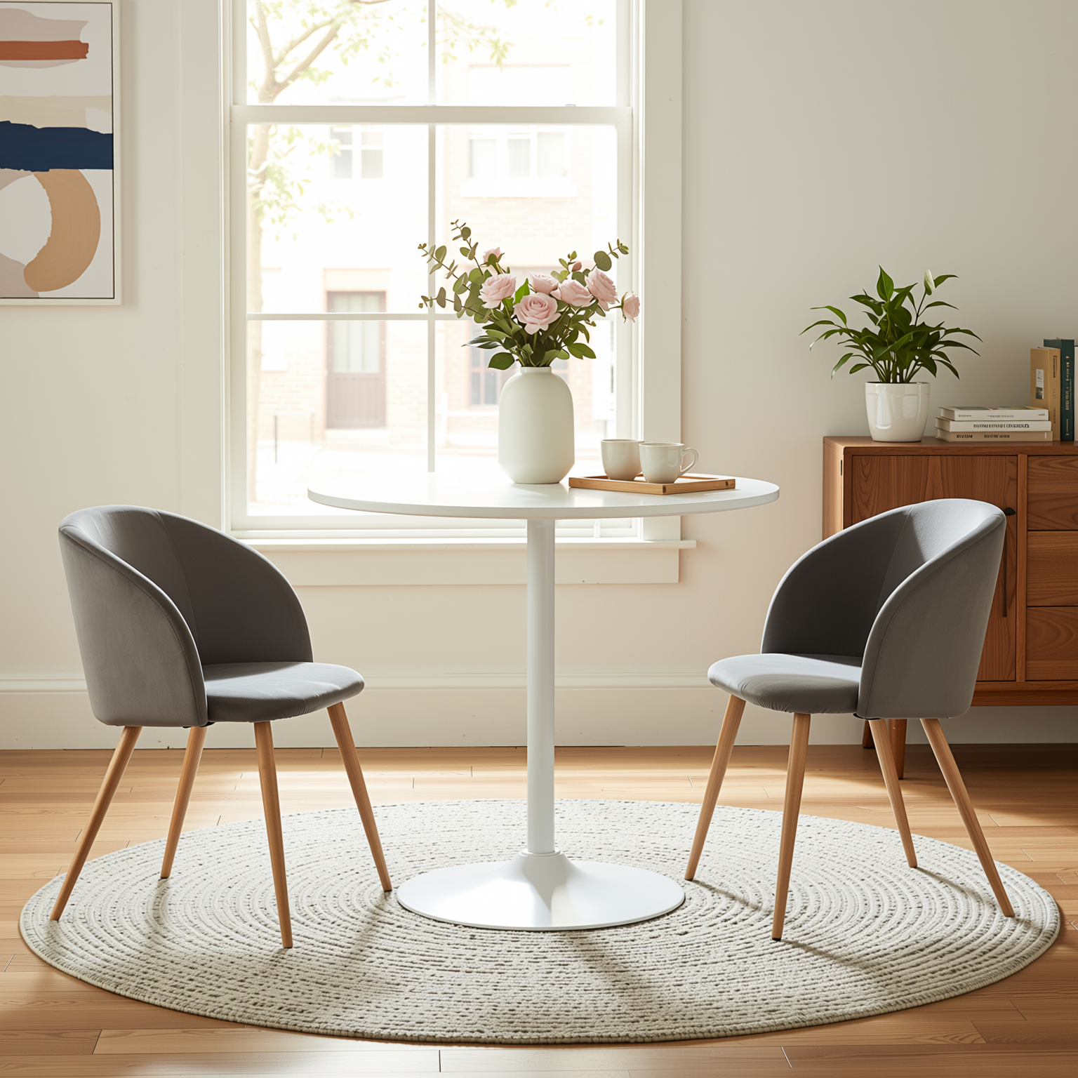 Homy Casa CLIFT 3PC Dining Set 31.5” White Round Table with 2 Ynez Grey Chairs for Dining, Office, or Small Spaces Open Box