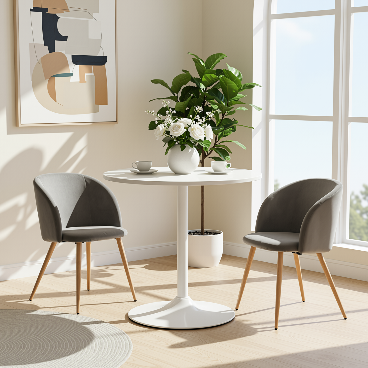 Homy Casa CLIFT 3PC Dining Set 31.5” White Round Table with 2 Ynez Grey Chairs for Dining, Office, or Small Spaces Open Box