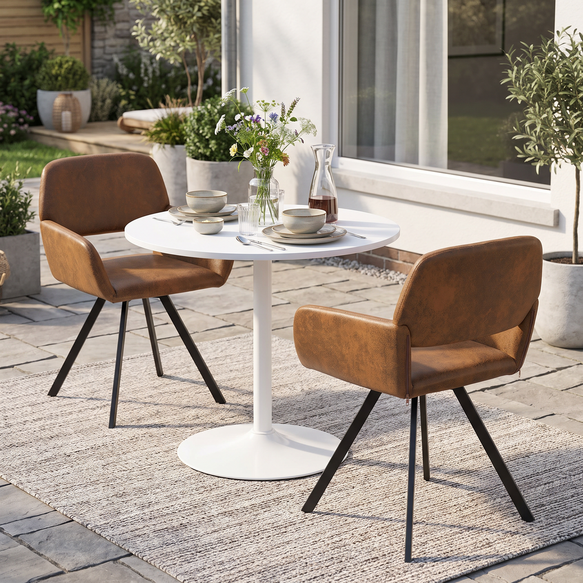 Homy Casa CLIFT+CALIFORNIA 3PC Dining Set 31.5" Round Table with 2 California Brown Swivel Dining Chairs in White and Brown Open Box