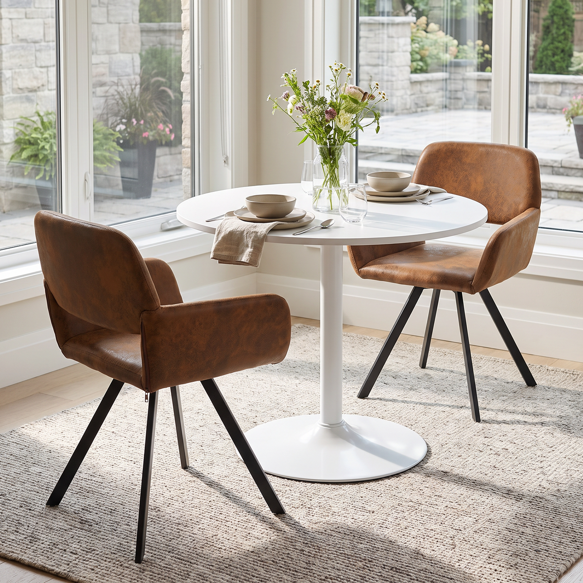 Homy Casa CLIFT+CALIFORNIA 3PC Dining Set 31.5" Round Table with 2 California Brown Swivel Dining Chairs in White and Brown Open Box