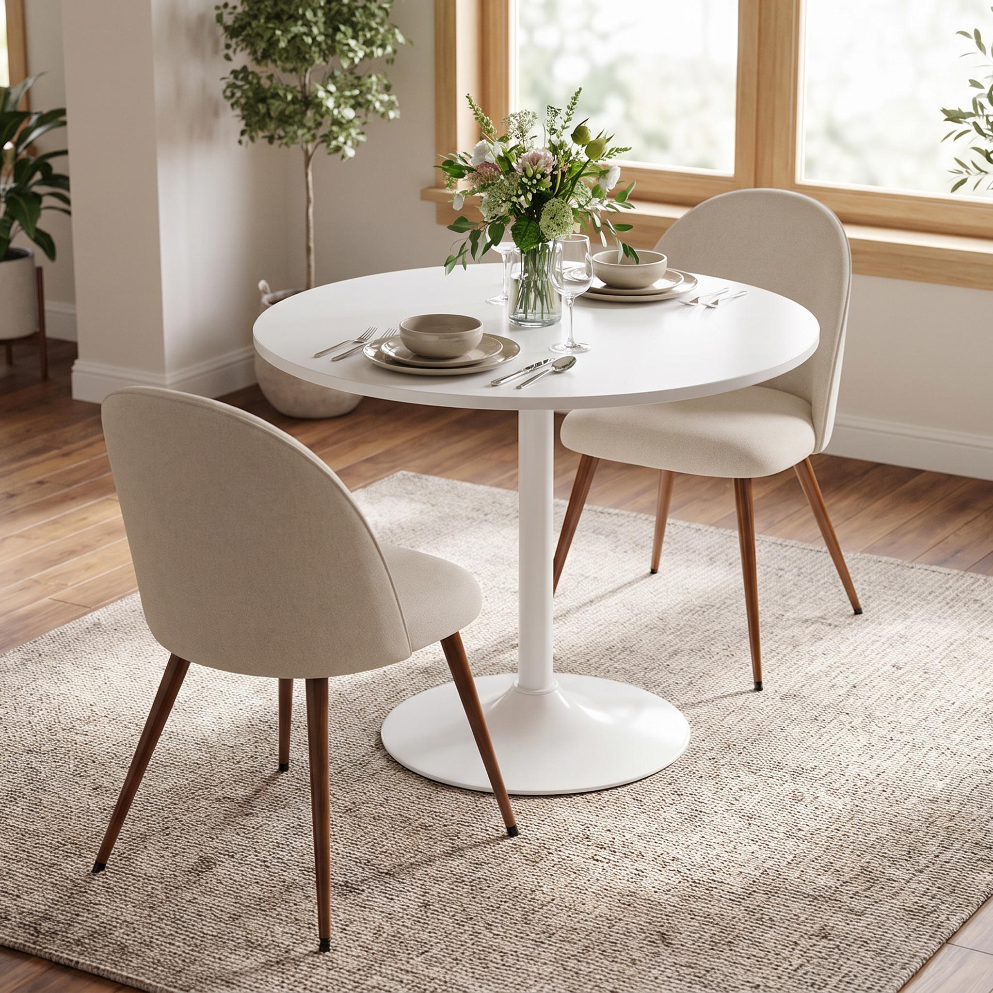 Homy Casa CLIFT+HAVEN 3PC Dining Set 31.5" Table with 2 Haven Beige Upholstered Dining Chairs in White and Walnut Open Box