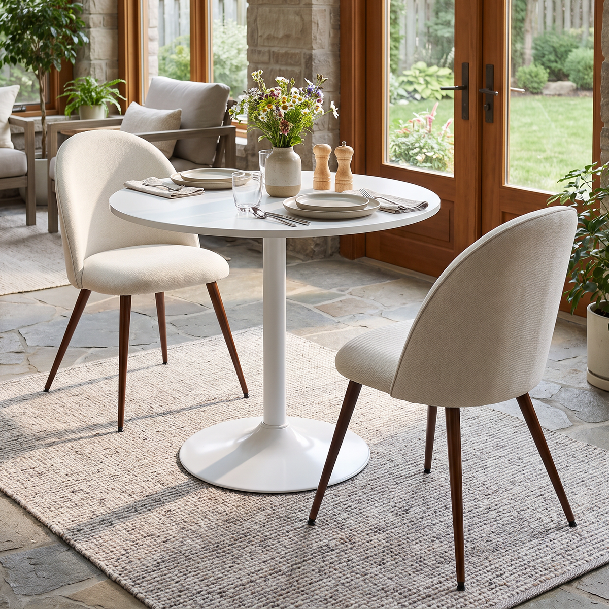 Homy Casa CLIFT+HAVEN 3PC Dining Set 31.5" Table with 2 Haven Beige Upholstered Dining Chairs in White and Walnut Open Box