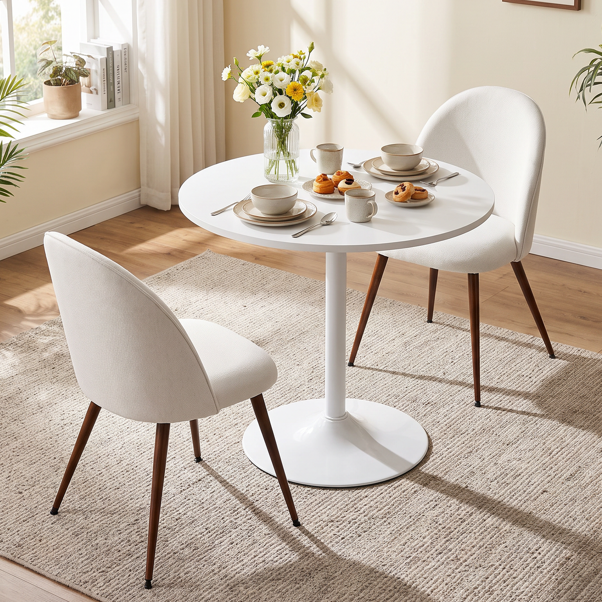 Homy Casa CLIFT+HAVEN 3PC Dining Set 31.5" Table with 2 Haven Beige Upholstered Dining Chairs in White and Walnut Open Box