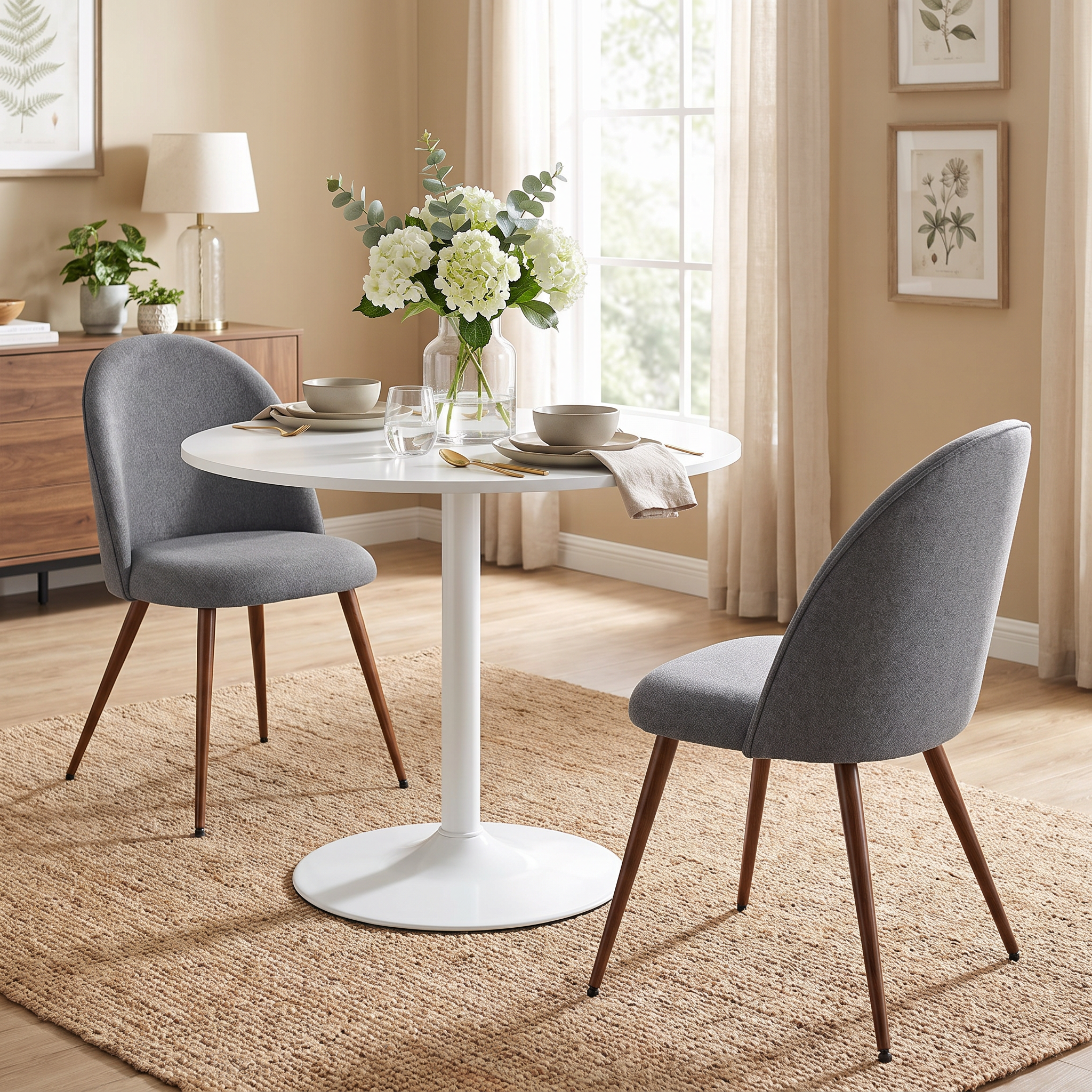 Homy Casa CLIFT+HAVEN 3PC Dining Set 31.5" Round White Table with 2 Haven Gray Fabric Dining Chairs and Walnut-Style Legs Open Box
