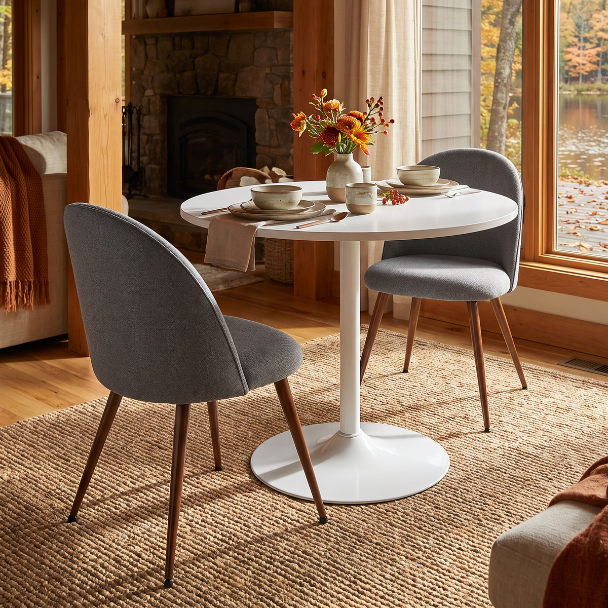 Homy Casa CLIFT+HAVEN 3PC Dining Set 31.5" Round White Table with 2 Haven Gray Fabric Dining Chairs and Walnut-Style Legs Open Box