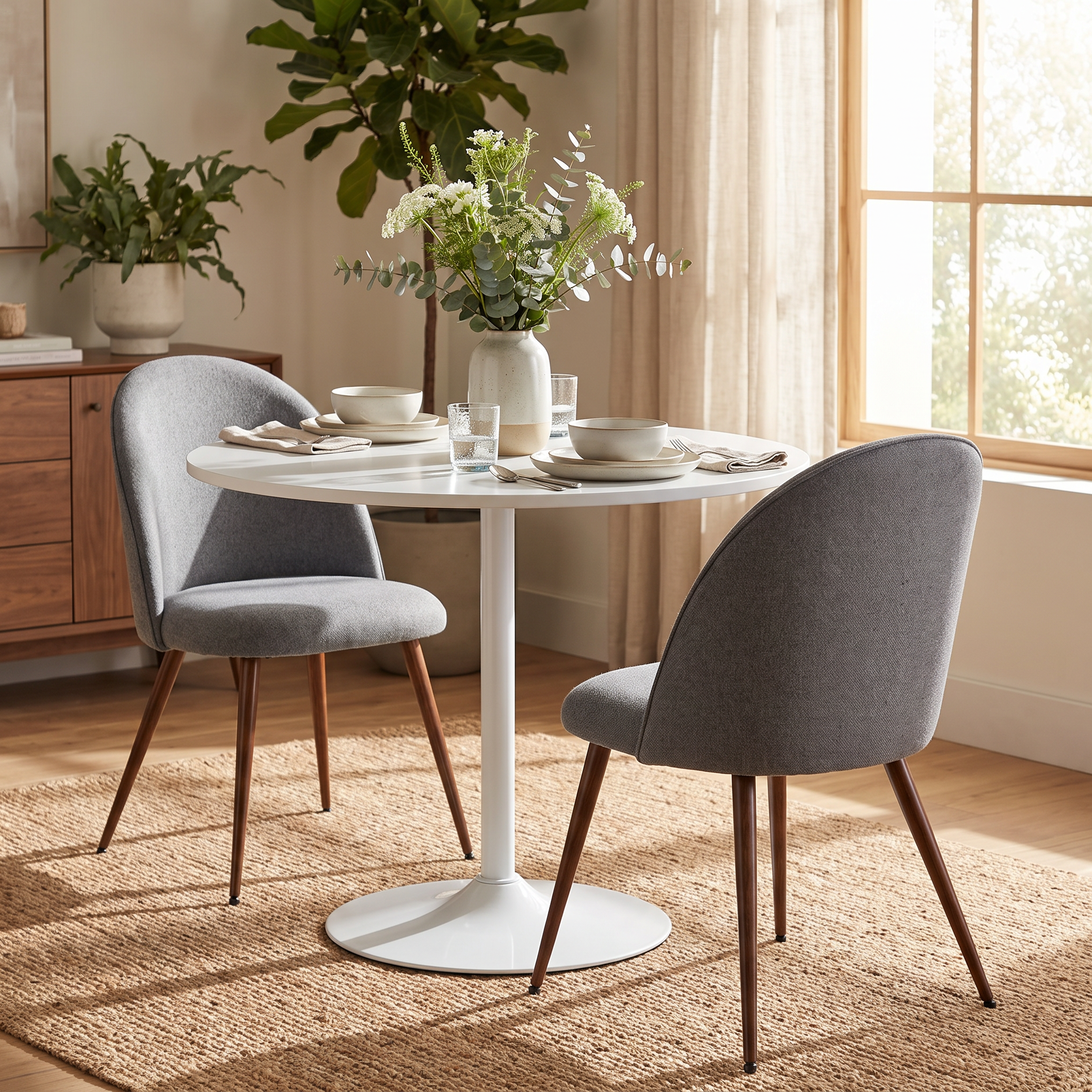 Homy Casa CLIFT+HAVEN 3PC Dining Set 31.5" Round White Table with 2 Haven Gray Fabric Dining Chairs and Walnut-Style Legs Open Box