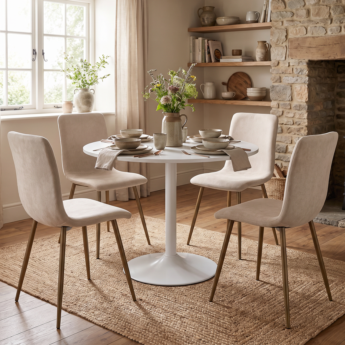 Homy Casa CLIFT+SCARGILL 5PC Dining Set 31.5" White Table with 4 Scargill Beige Upholstered Chairs Open Box