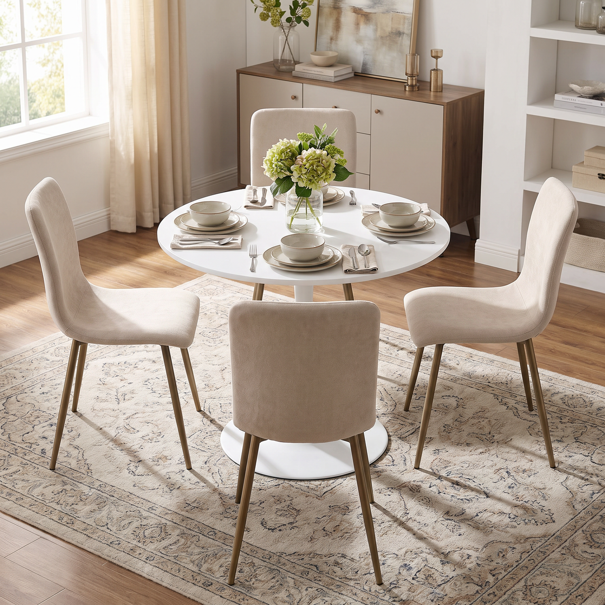 Homy Casa CLIFT+SCARGILL 5PC Dining Set 31.5" White Table with 4 Scargill Beige Upholstered Chairs Open Box