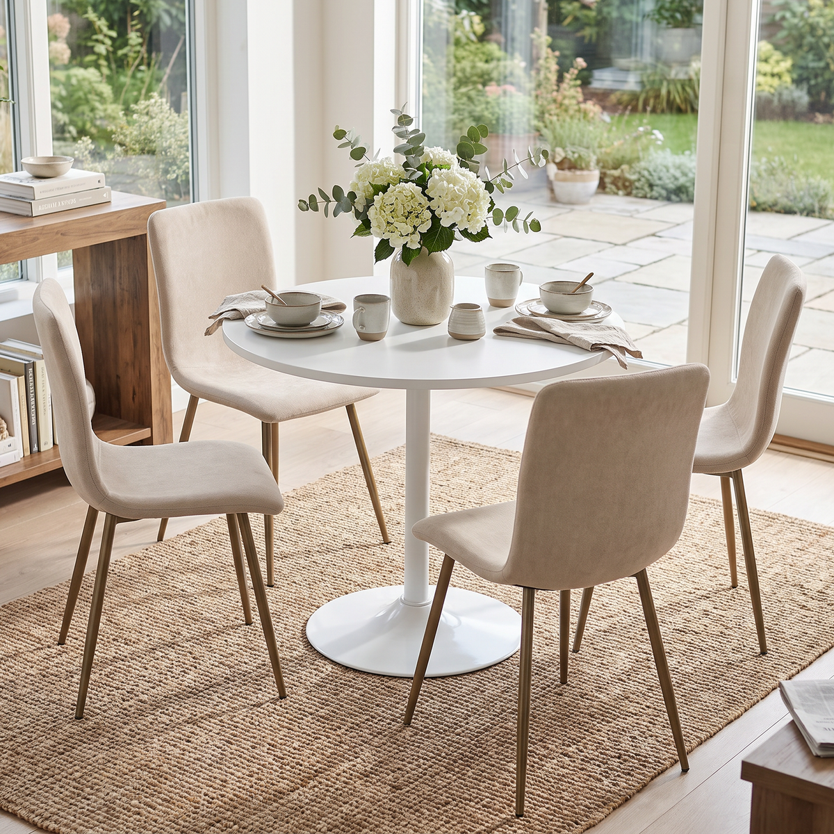 Homy Casa CLIFT+SCARGILL 5PC Dining Set 31.5" White Table with 4 Scargill Beige Upholstered Chairs Open Box