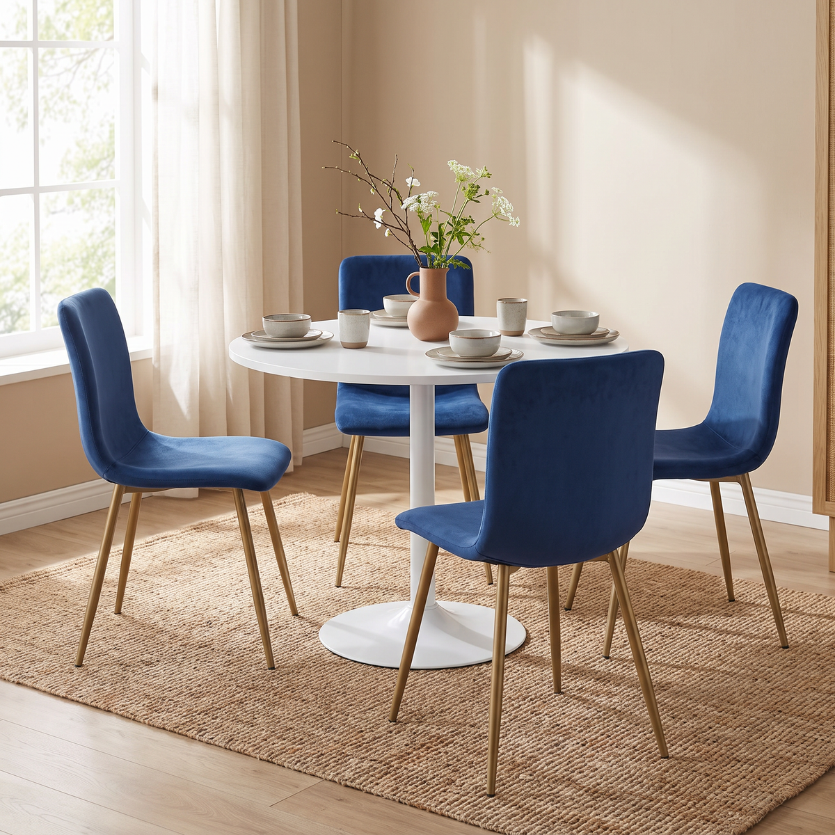 Homy Casa CLIFT+SCARGILL 5PC Dining Set 31.5" Table with 4 Scargill Blue Upholstered Dining Chairs in White and Dark Blue Open Box