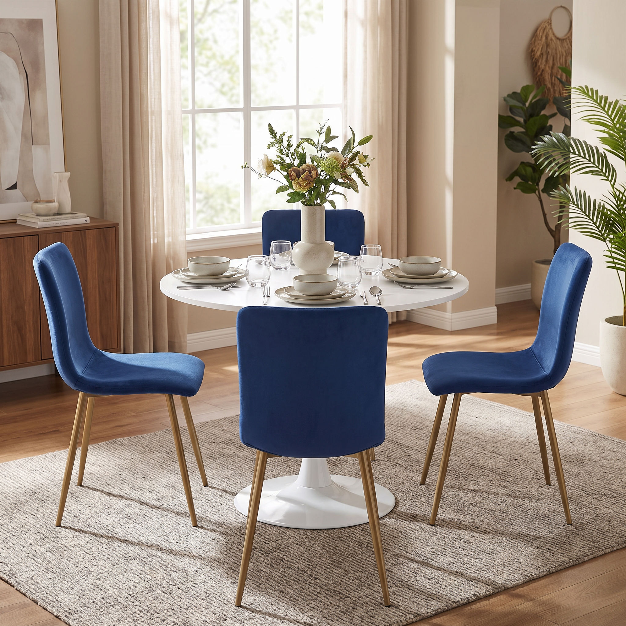 Homy Casa CLIFT+SCARGILL 5PC Dining Set 31.5" Table with 4 Scargill Blue Upholstered Dining Chairs in White and Dark Blue Open Box