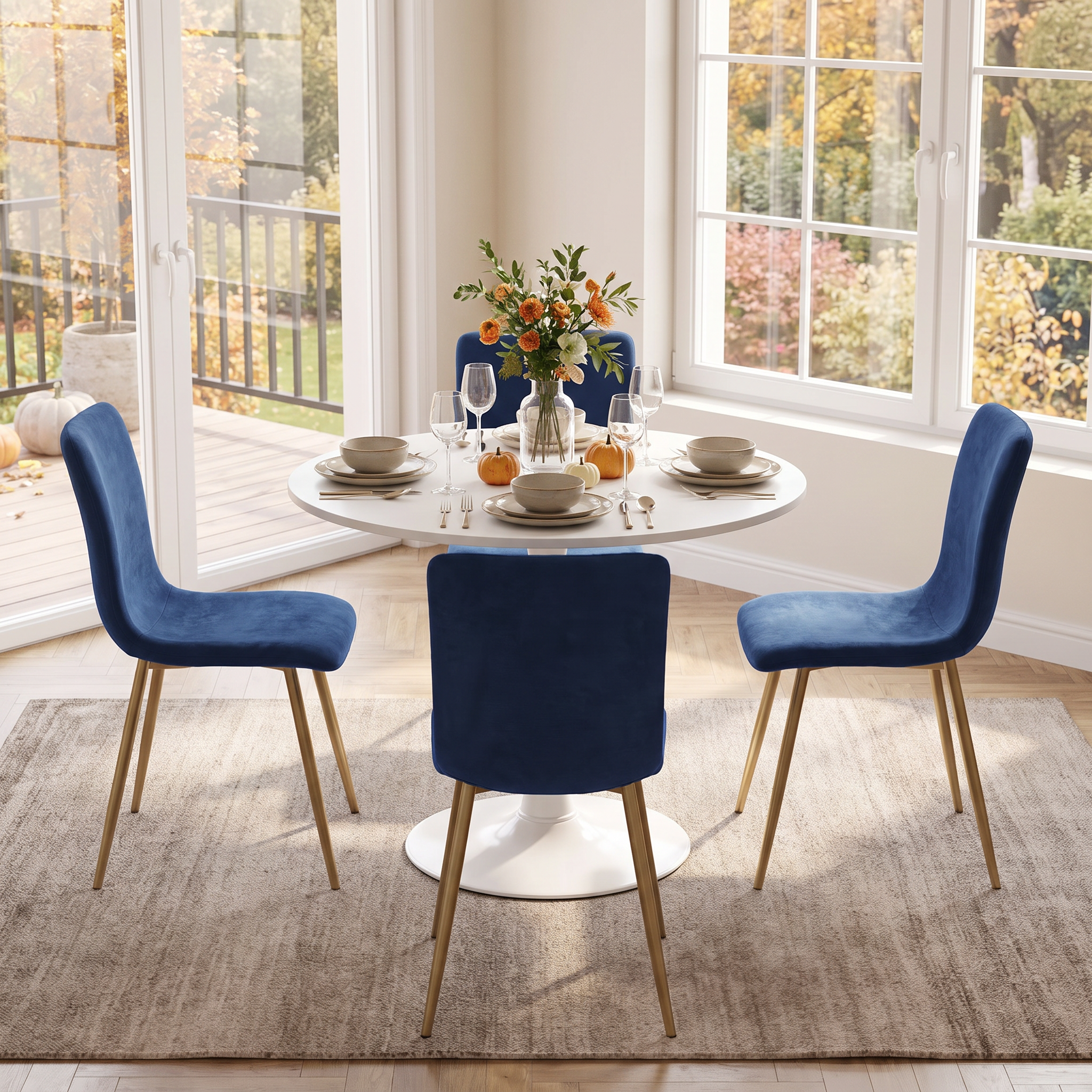 Homy Casa CLIFT+SCARGILL 5PC Dining Set 31.5" Table with 4 Scargill Blue Upholstered Dining Chairs in White and Dark Blue Open Box