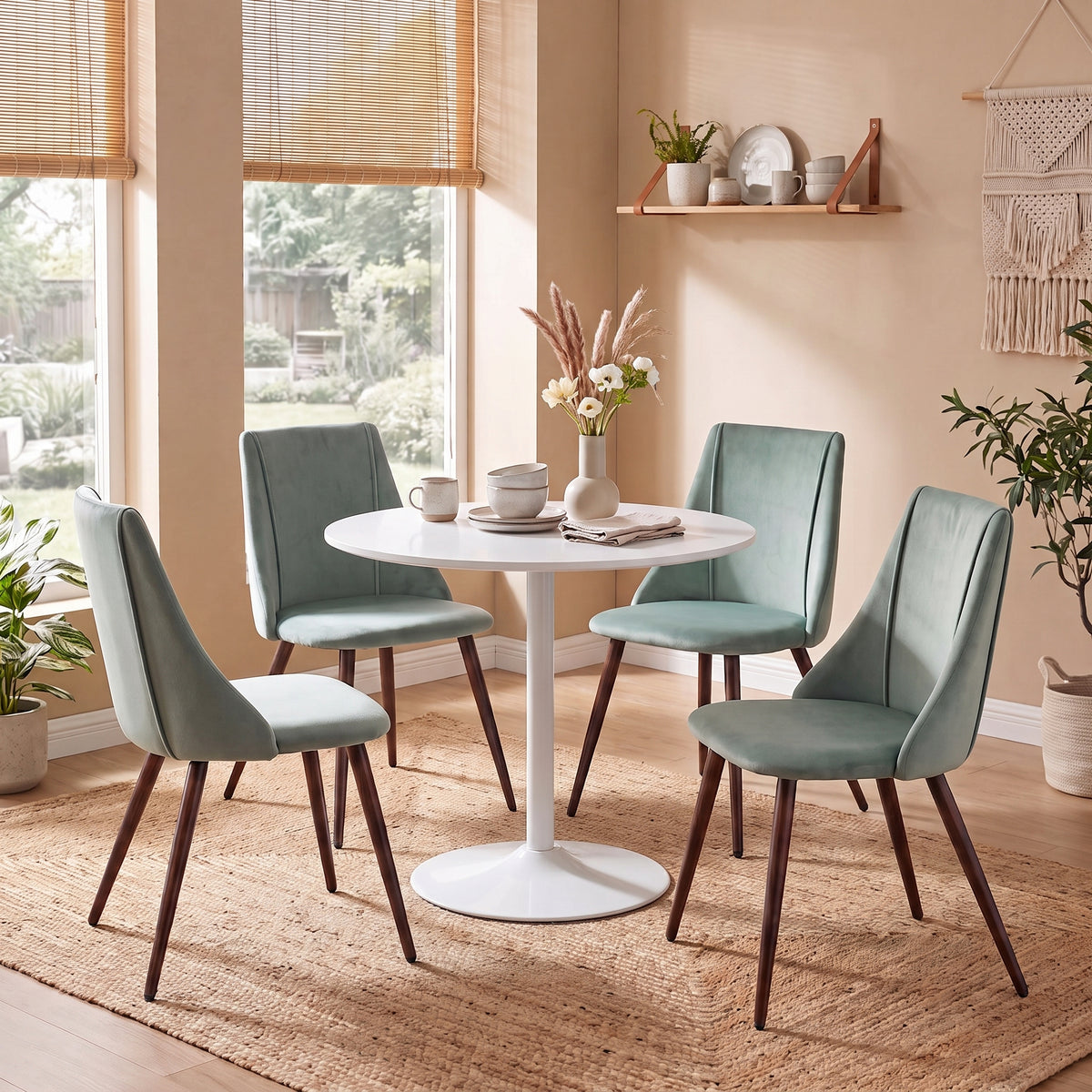 Homy Casa CLIFT+SMEG 5PC Dining Set 31.5” White Table with 4 Velvet Cactus Brown Chairs – Compact Kitchen & Dining Furniture Set Open Box