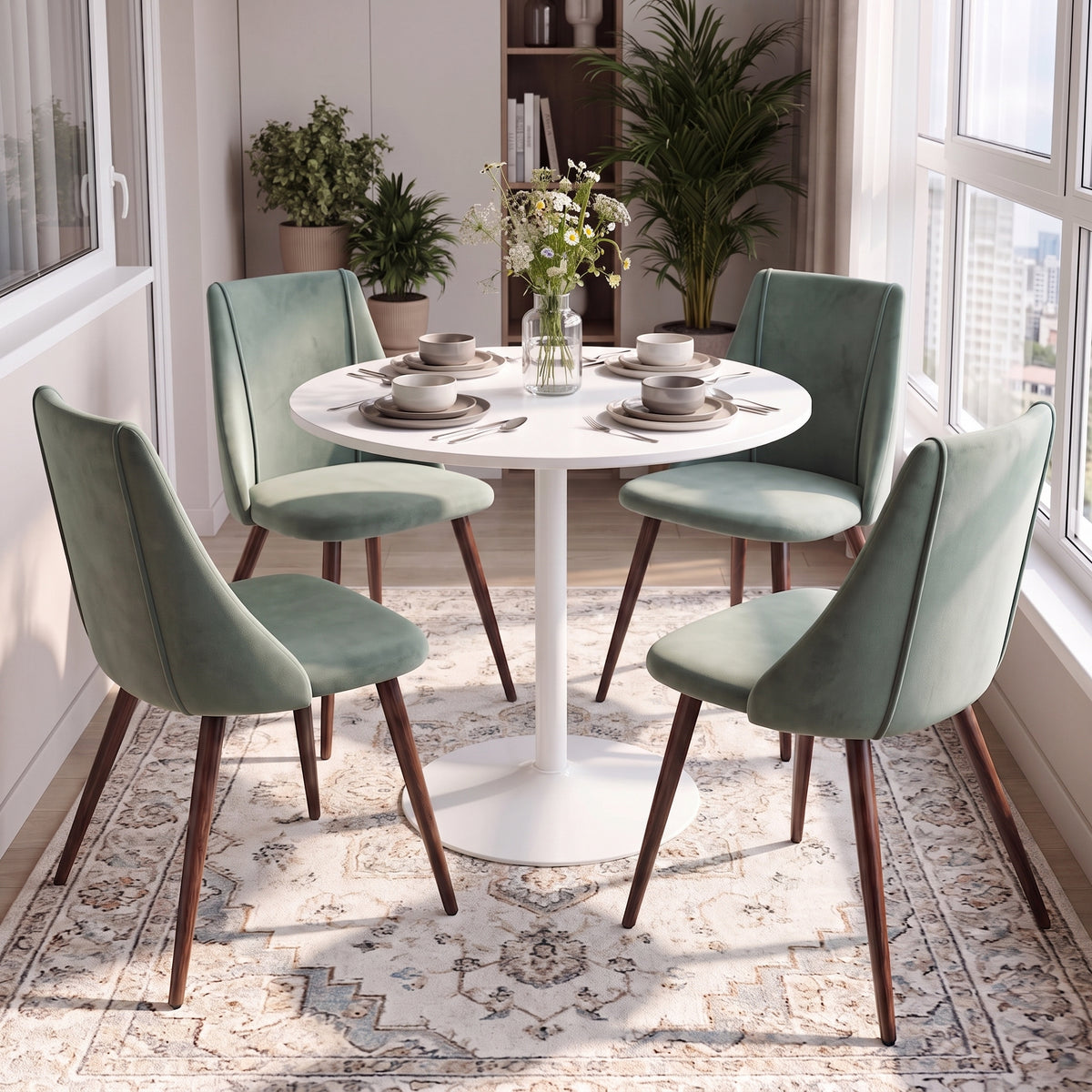 Homy Casa CLIFT+SMEG 5PC Dining Set 31.5” White Table with 4 Velvet Cactus Brown Chairs – Compact Kitchen & Dining Furniture Set Open Box