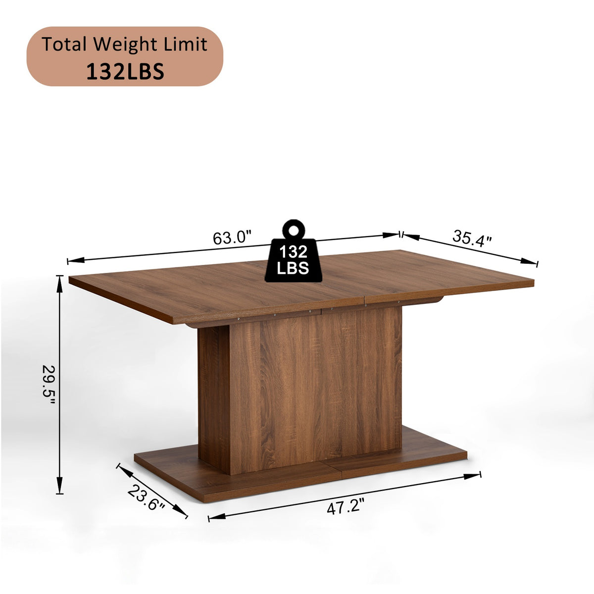 Homy Casa COFOE+LUCETTA 7PC Dining Set 63" Brown Table with 6 LUCETTA Black Upholstered Chairs Open Box