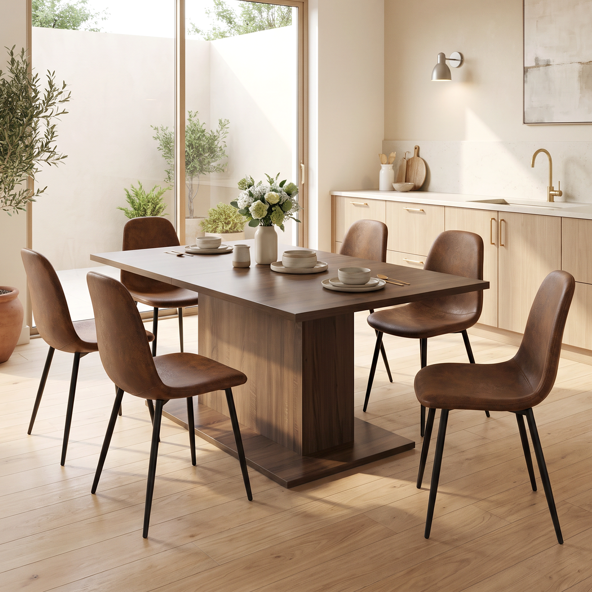 Homy Casa COFOE+CHARLTON 7PC Dining Set 63” Brown Table with 6 CHARLTON Brown Suede Chairs Open Box
