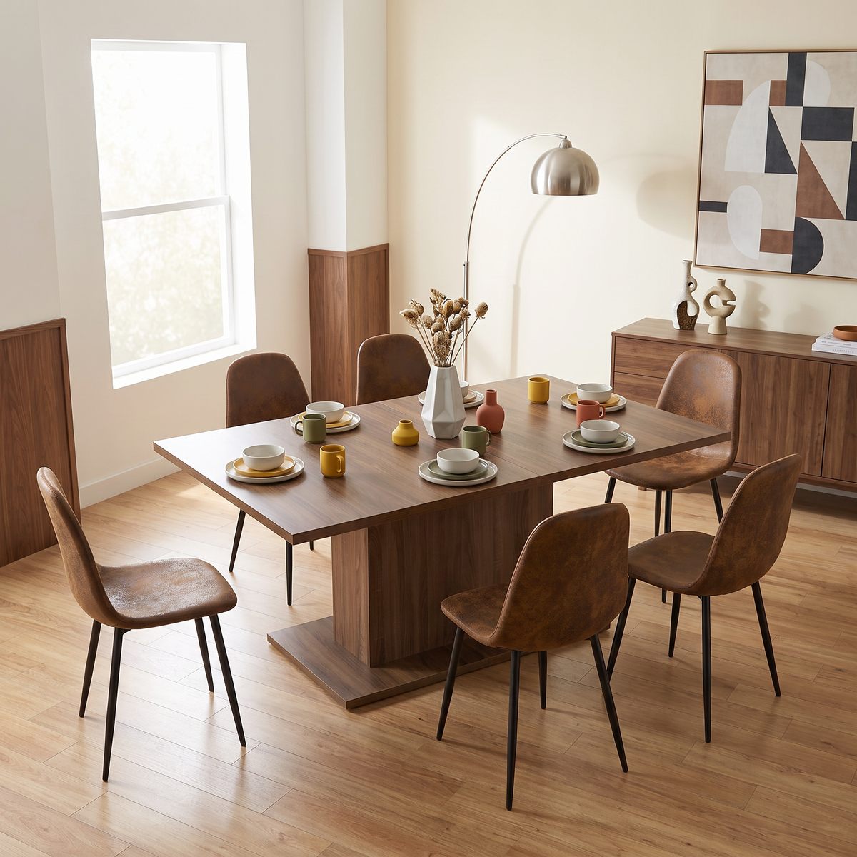 Homy Casa COFOE+CHARLTON 7PC Dining Set 63” Brown Table with 6 CHARLTON Brown Suede Chairs Open Box