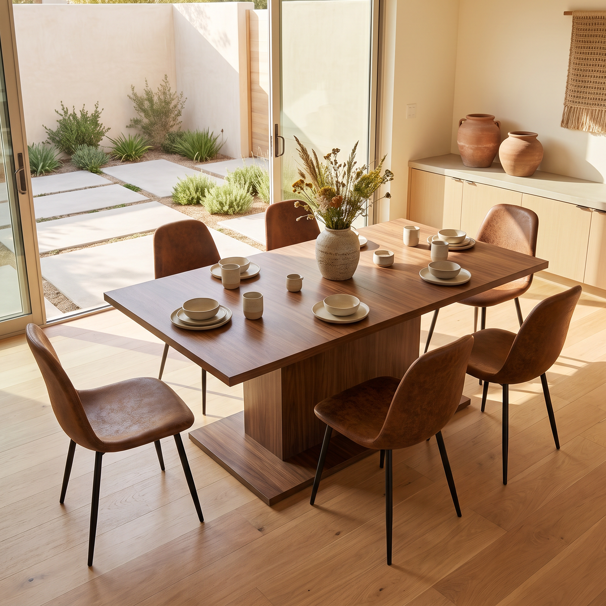 Homy Casa COFOE+CHARLTON 7PC Dining Set 63” Brown Table with 6 CHARLTON Brown Suede Chairs Open Box