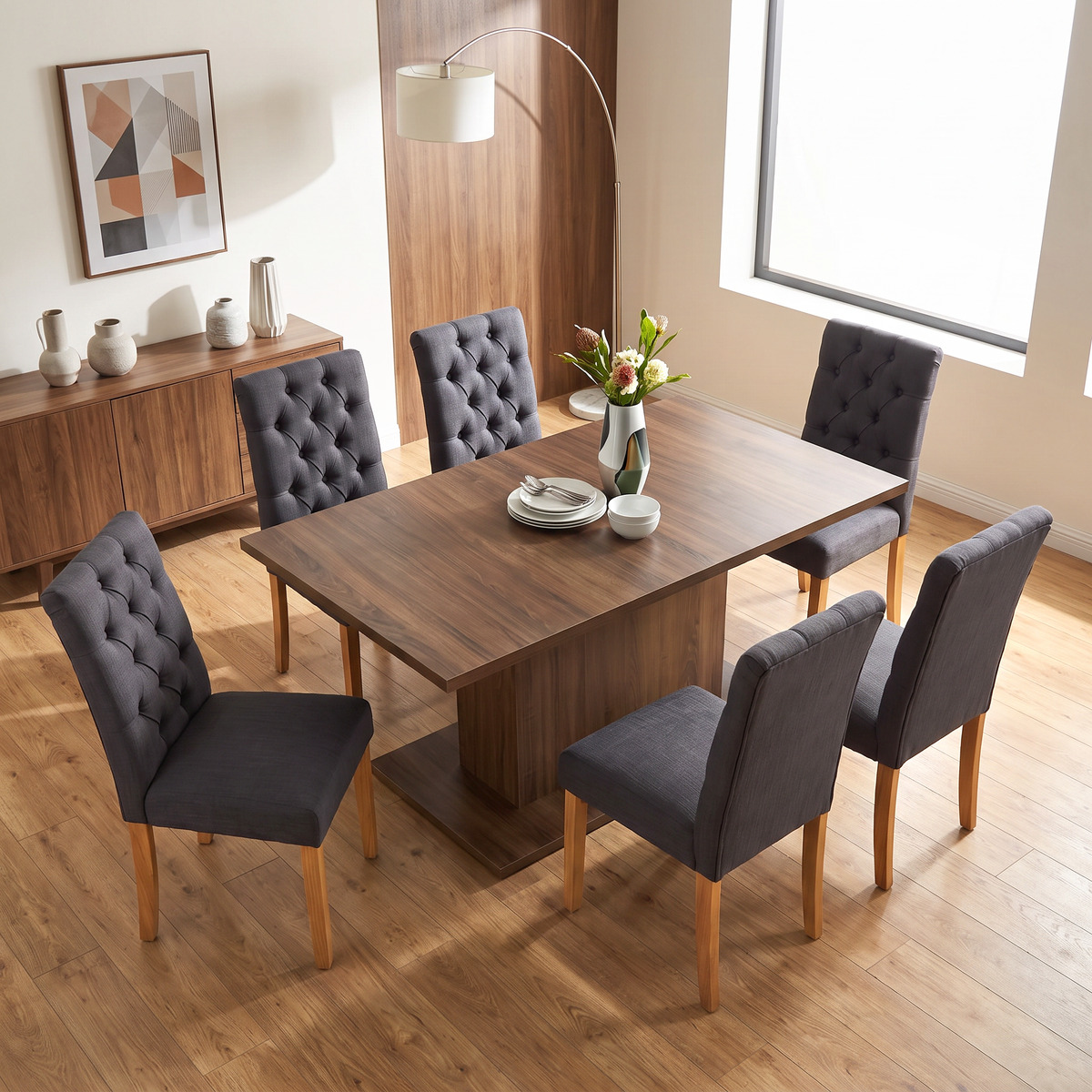 Homy Casa COFOE+LUCETTA 7PC Dining Set 63" Brown Table with 6 LUCETTA Black Upholstered Chairs Open Box
