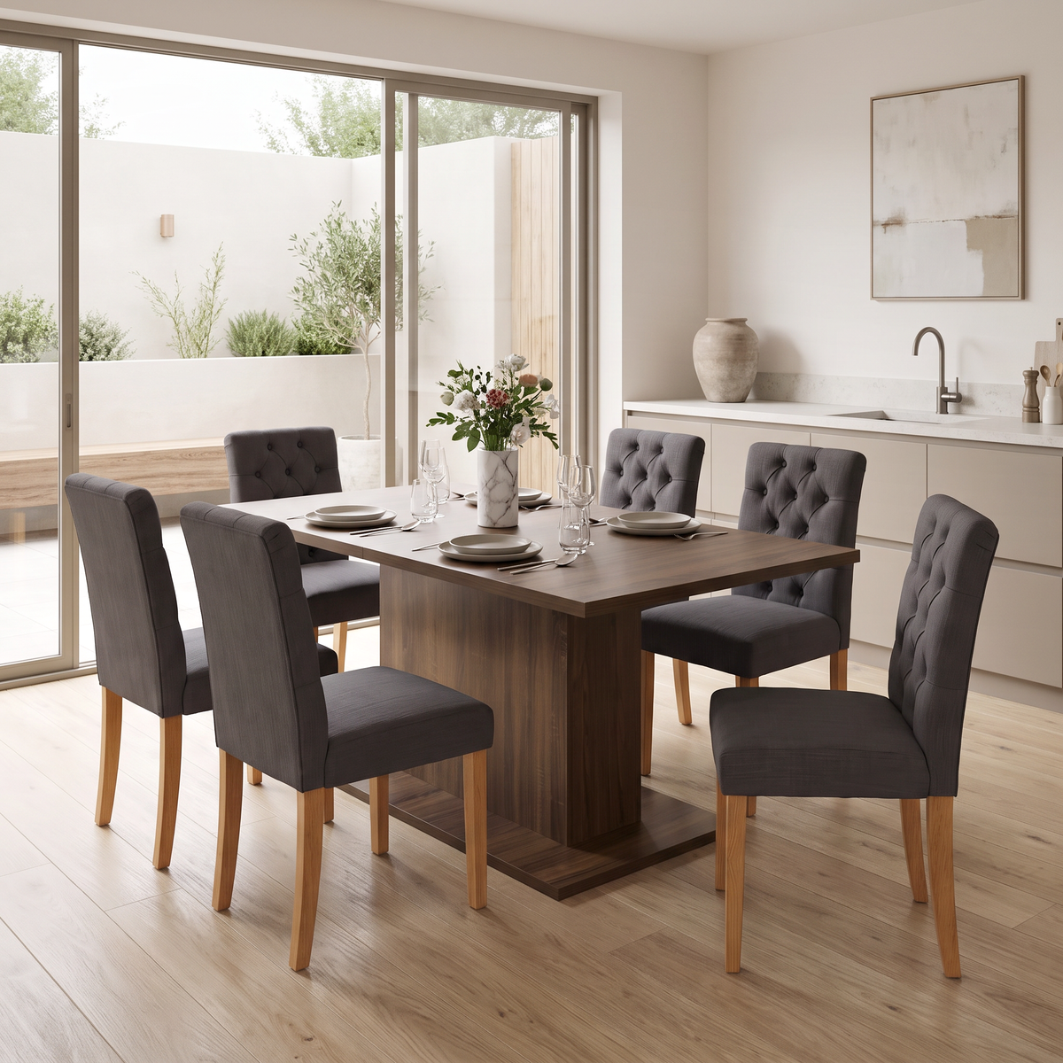 Homy Casa COFOE+LUCETTA 7PC Dining Set 63" Brown Table with 6 LUCETTA Black Upholstered Chairs Open Box