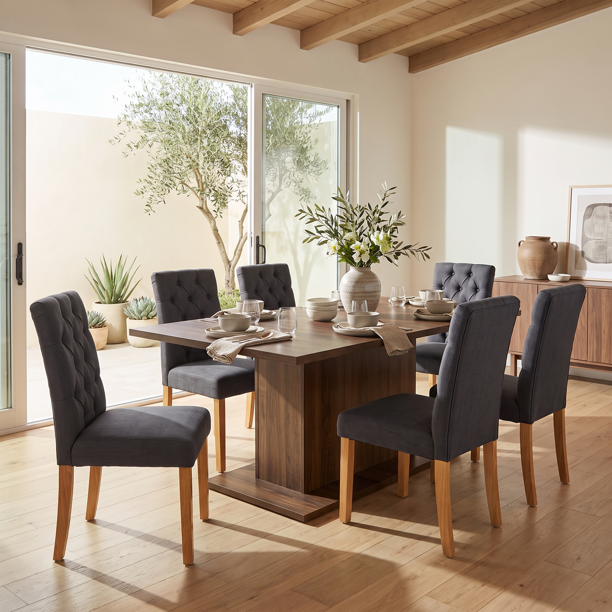 Homy Casa COFOE+LUCETTA 7PC Dining Set 63" Brown Table with 6 LUCETTA Black Upholstered Chairs Open Box