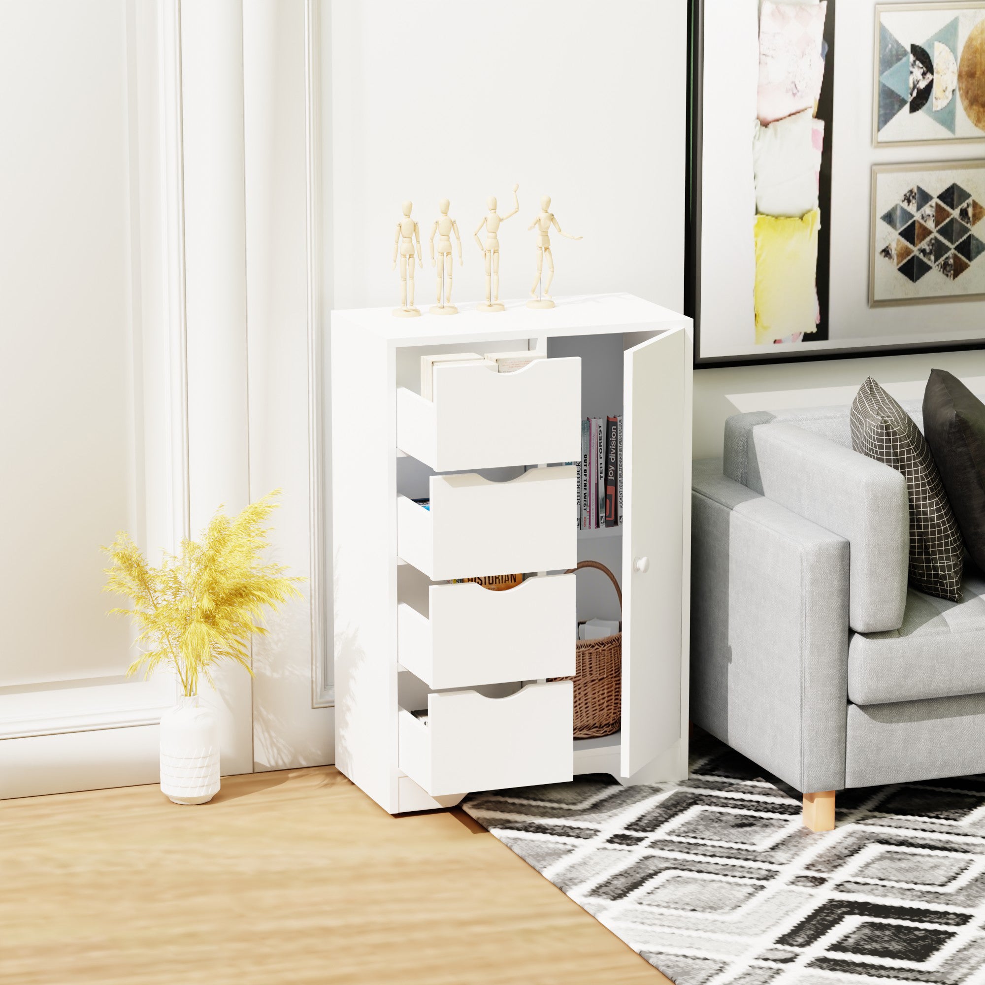 COLIN White Storage Cabinet, 32.2” Tall Floor Cabinet with 4 Drawers and Side Door, 21.8” W x 11.8” D, Small Bathroom or Bedroom Organizer