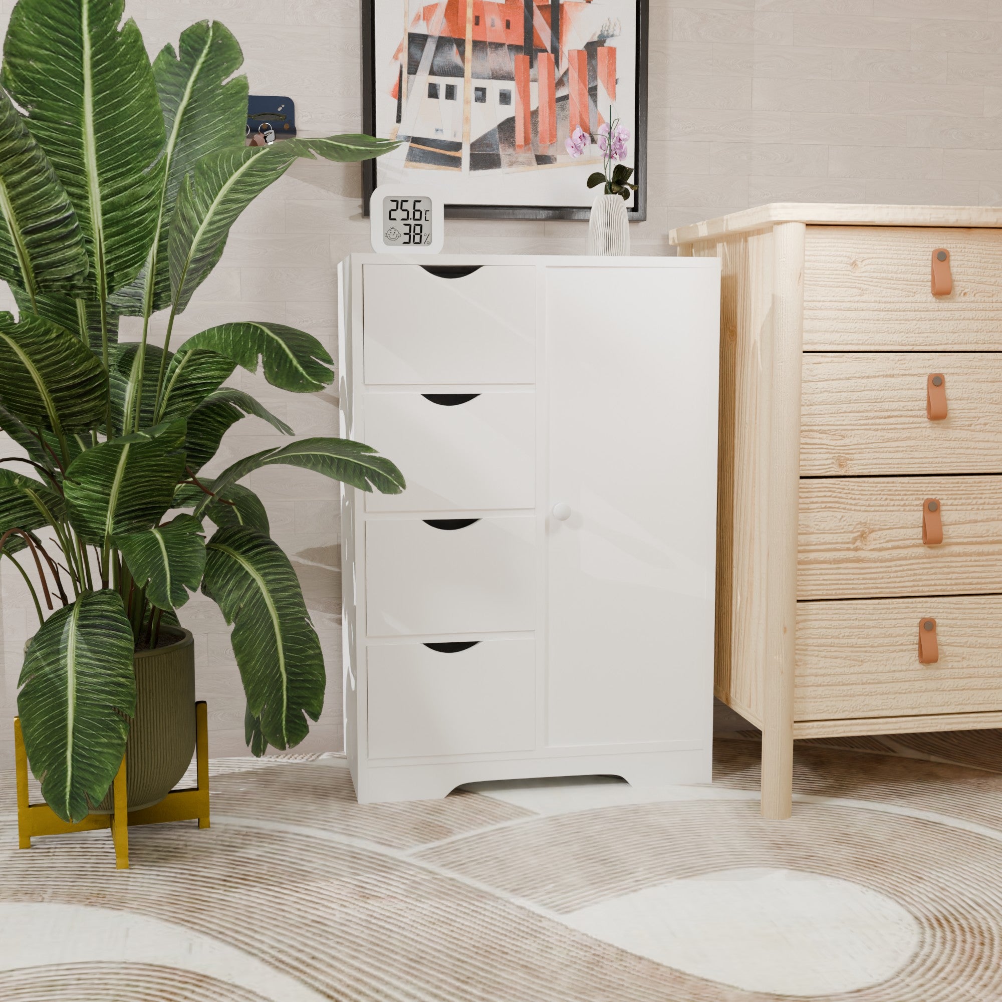 COLIN White Storage Cabinet, 32.2” Tall Floor Cabinet with 4 Drawers and Side Door, 21.8” W x 11.8” D, Small Bathroom or Bedroom Organizer
