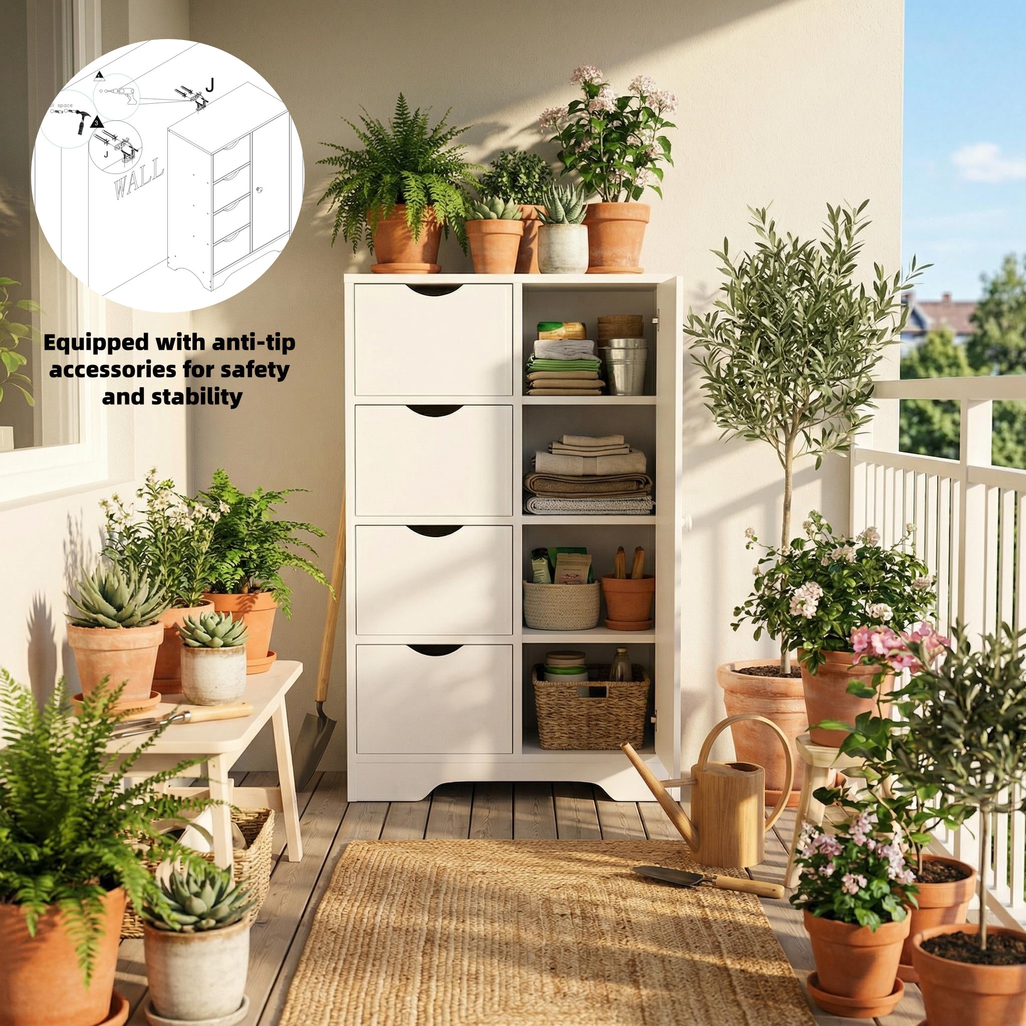 COLIN 21.8” White Storage Cabinet with 4 Drawers and a Door