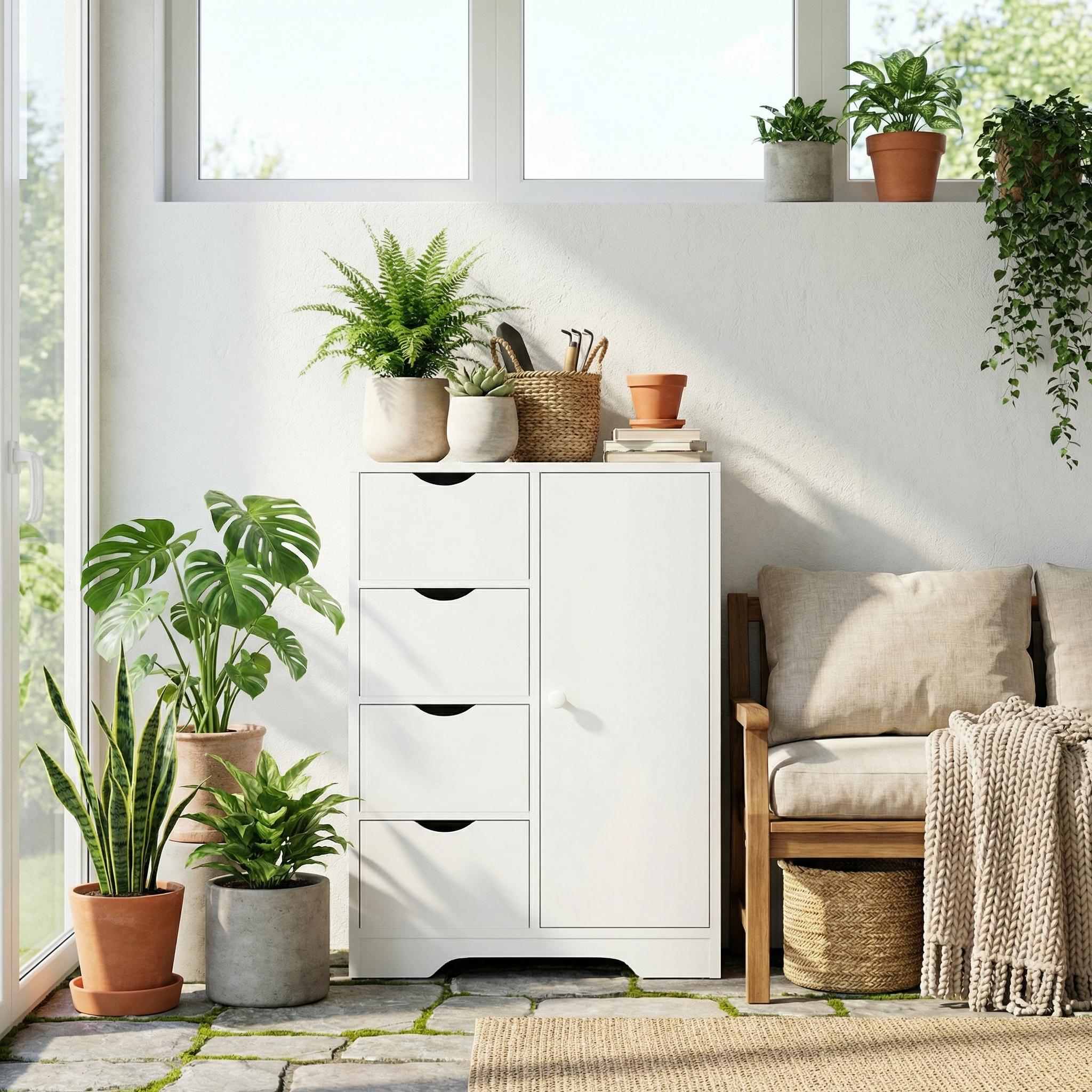 COLIN 21.8” White Storage Cabinet with 4 Drawers and a Door