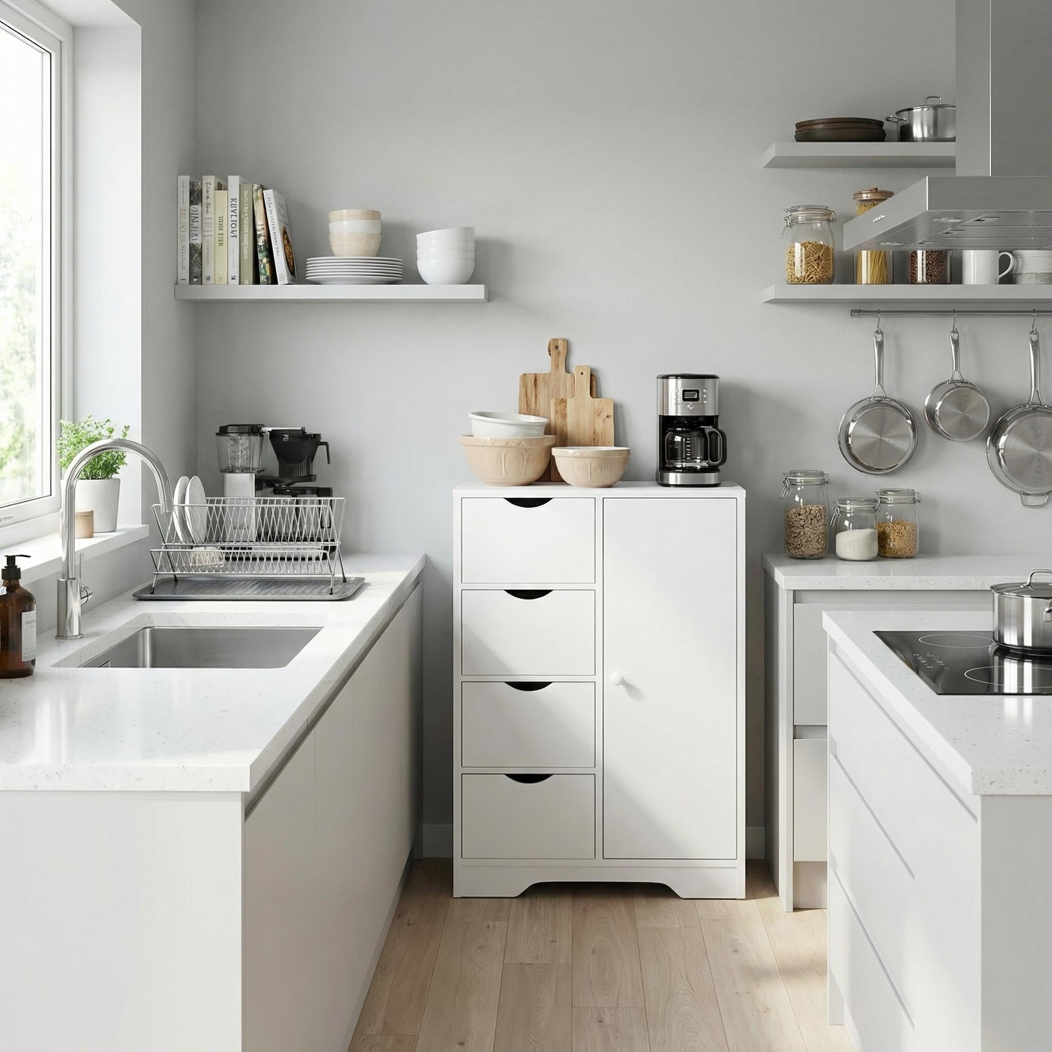 COLIN 21.8” White Storage Cabinet with 4 Drawers and a Door