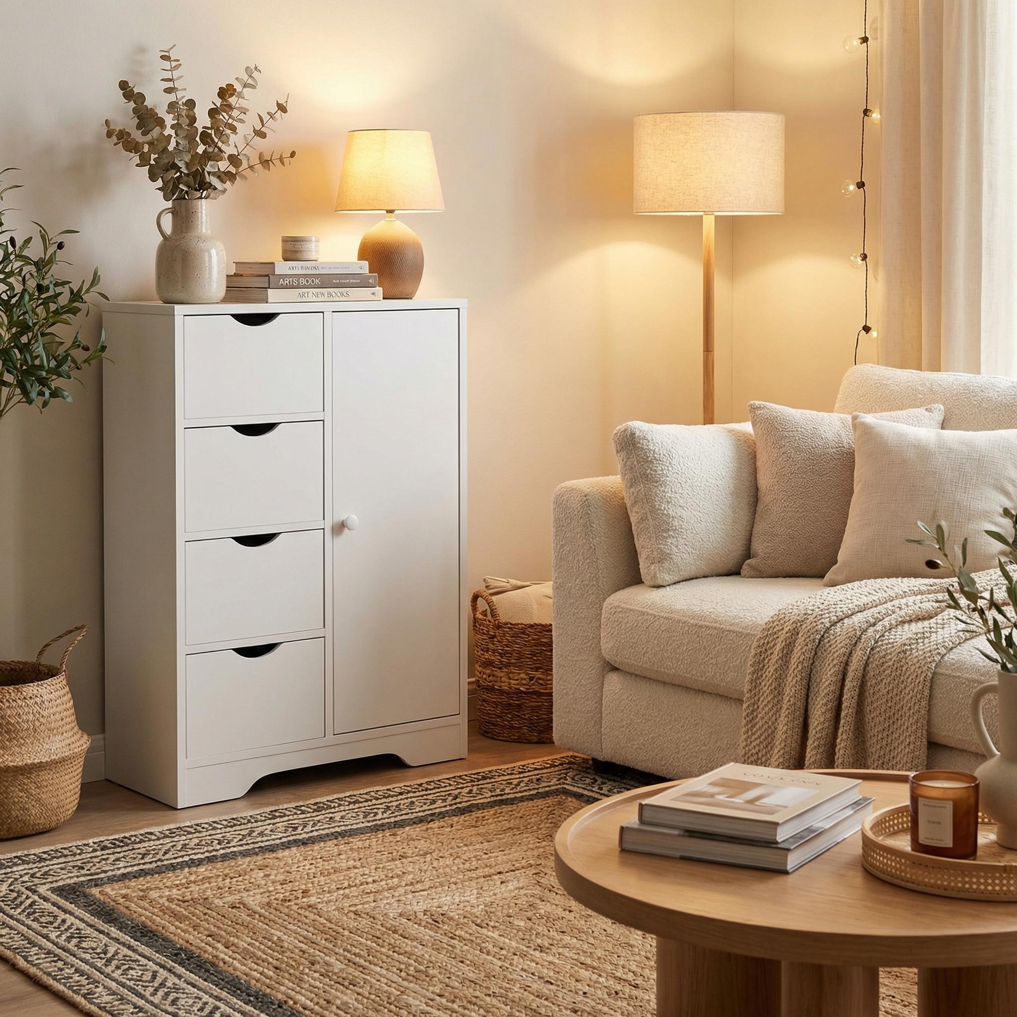 COLIN 21.8” White Storage Cabinet with 4 Drawers and a Door