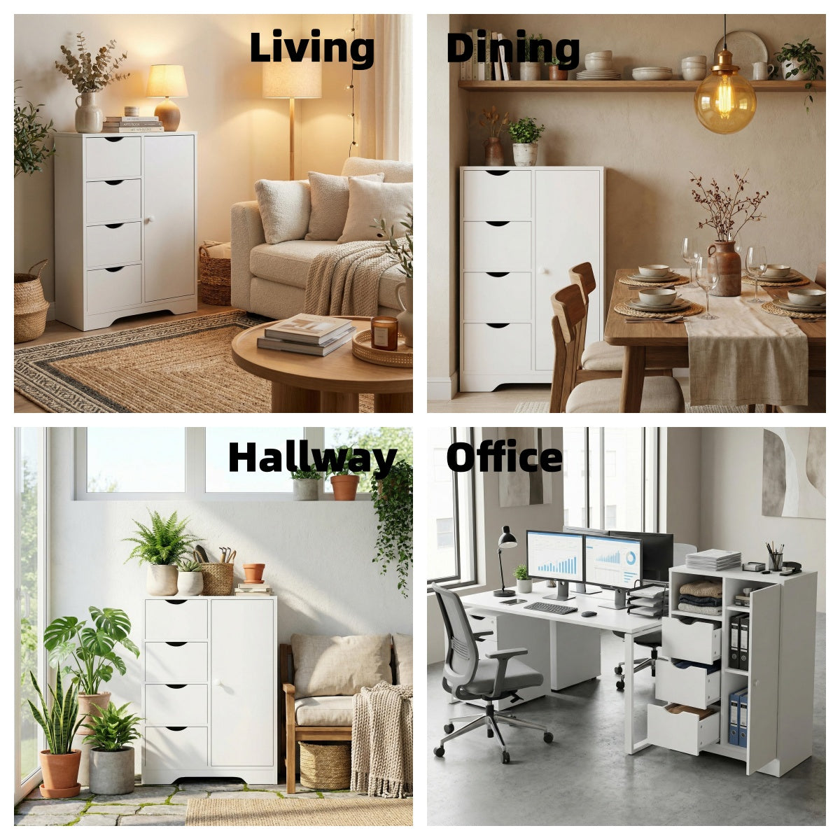 COLIN 21.8” White Storage Cabinet with 4 Drawers and a Door