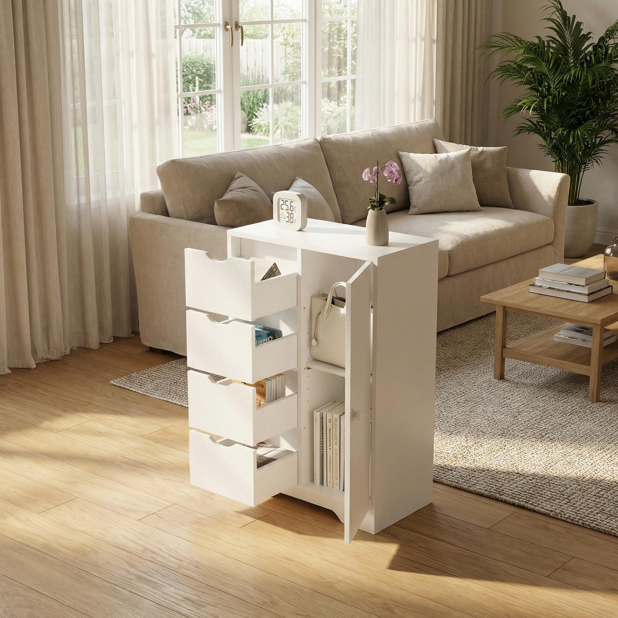 COLIN 21.8” White Storage Cabinet with 4 Drawers and a Door