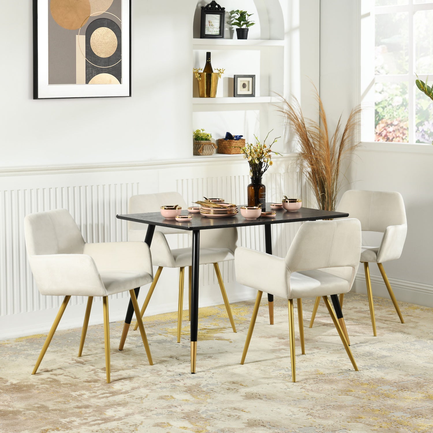 Homy Casa CRW Velvet Dining Chair with Gold Metal Legs, Ivory Beige, Open Box
