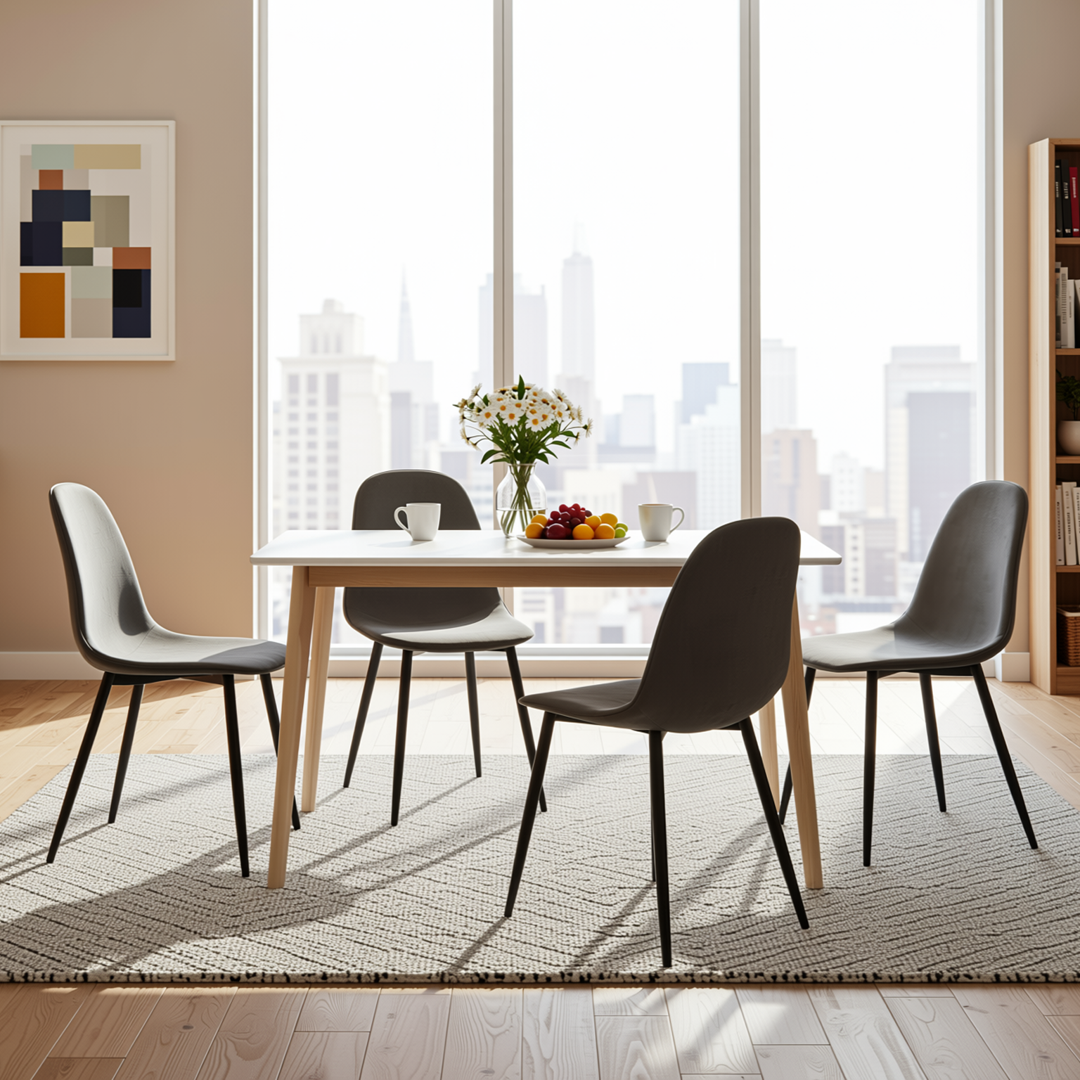 Homy Casa CURRENCY+CHARLTON 5PC Dining Set 47.2” Rectangular Dining Table with 4 Upholstered Dining Chairs in White and Gray Open Box