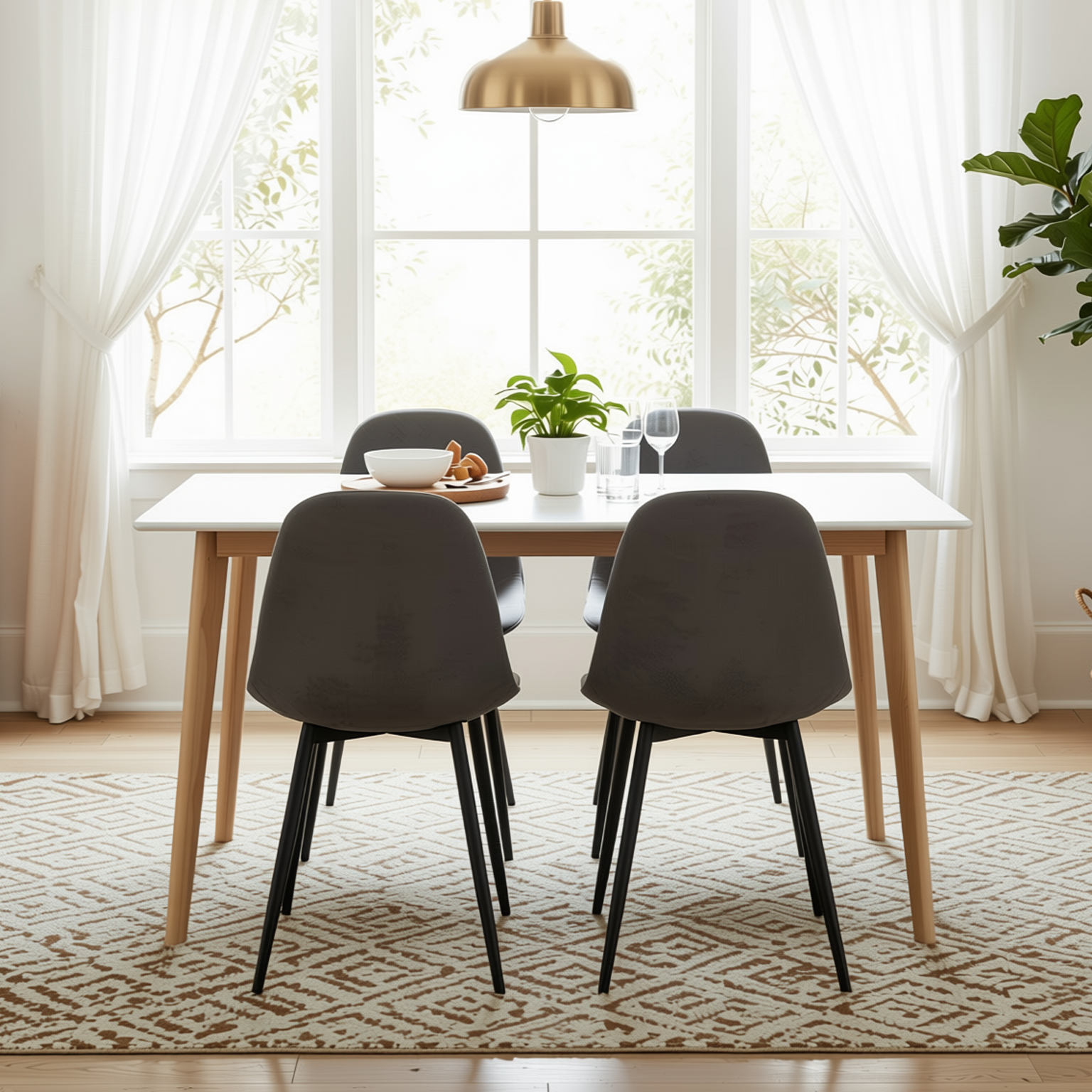 Homy Casa CURRENCY+CHARLTON 5PC Dining Set 47.2” Rectangular Dining Table with 4 Upholstered Dining Chairs in White and Gray Open Box