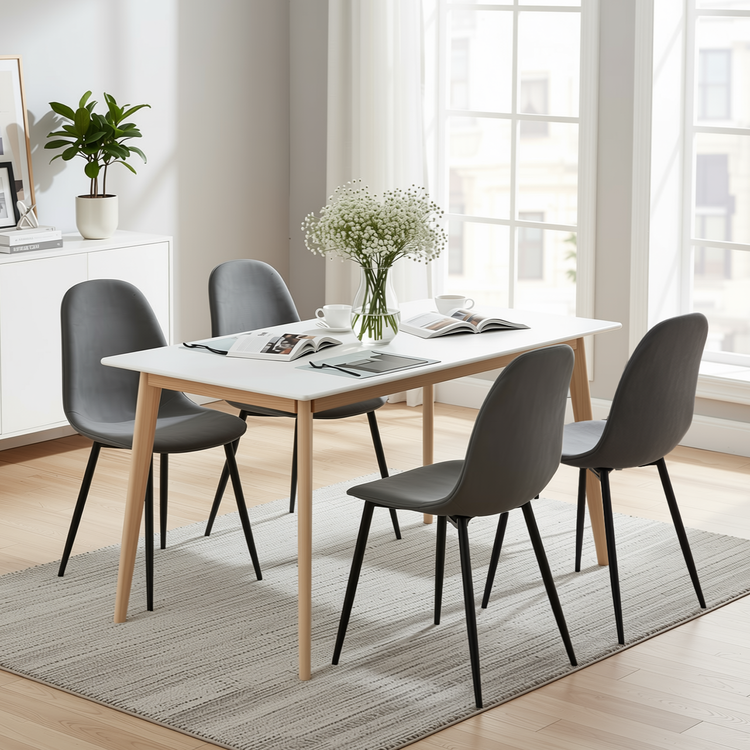 Homy Casa CURRENCY+CHARLTON 5PC Dining Set 47.2” Rectangular Dining Table with 4 Upholstered Dining Chairs in White and Gray Open Box