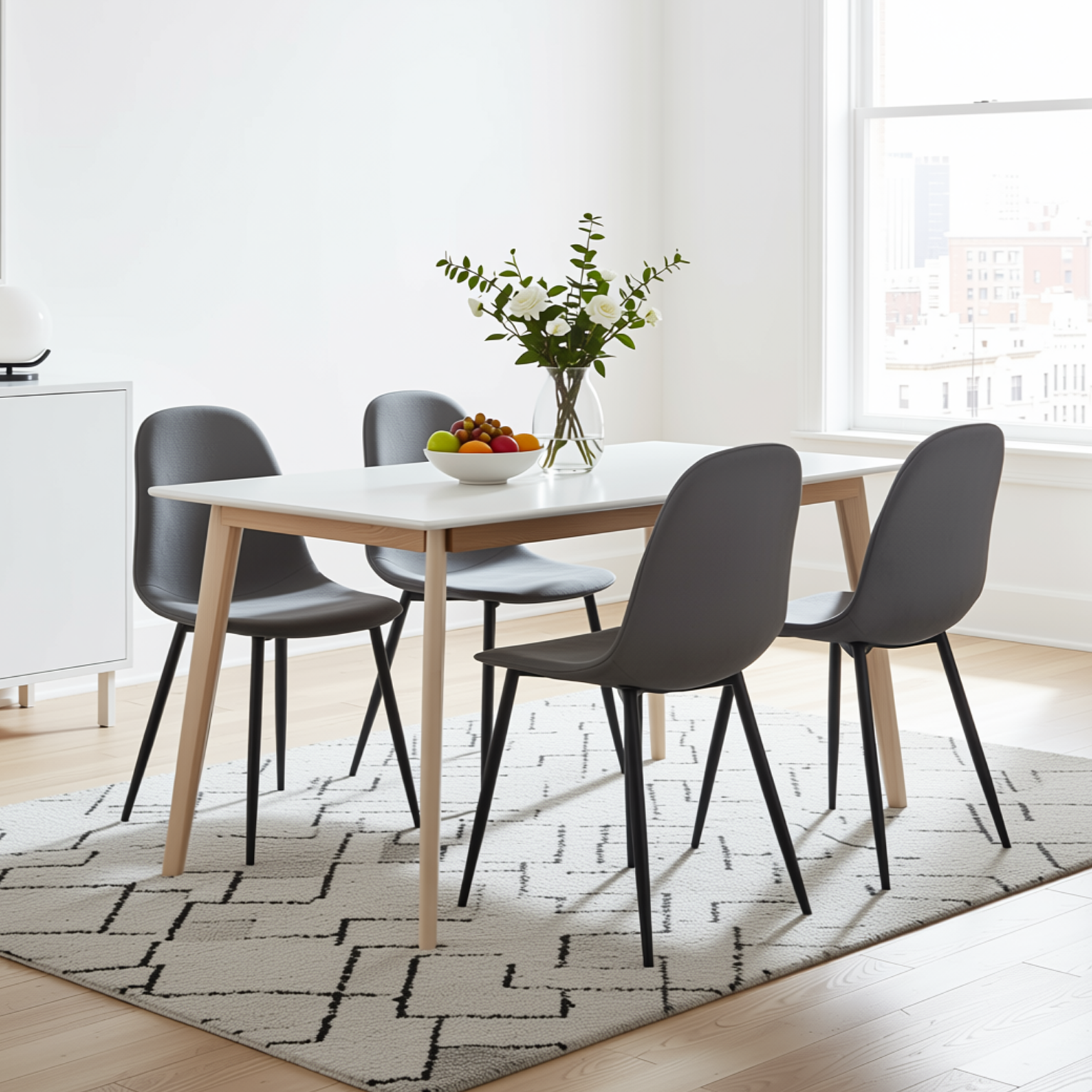 Homy Casa CURRENCY+CHARLTON 5PC Dining Set 47.2” Rectangular Dining Table with 4 Upholstered Dining Chairs in White and Gray Open Box