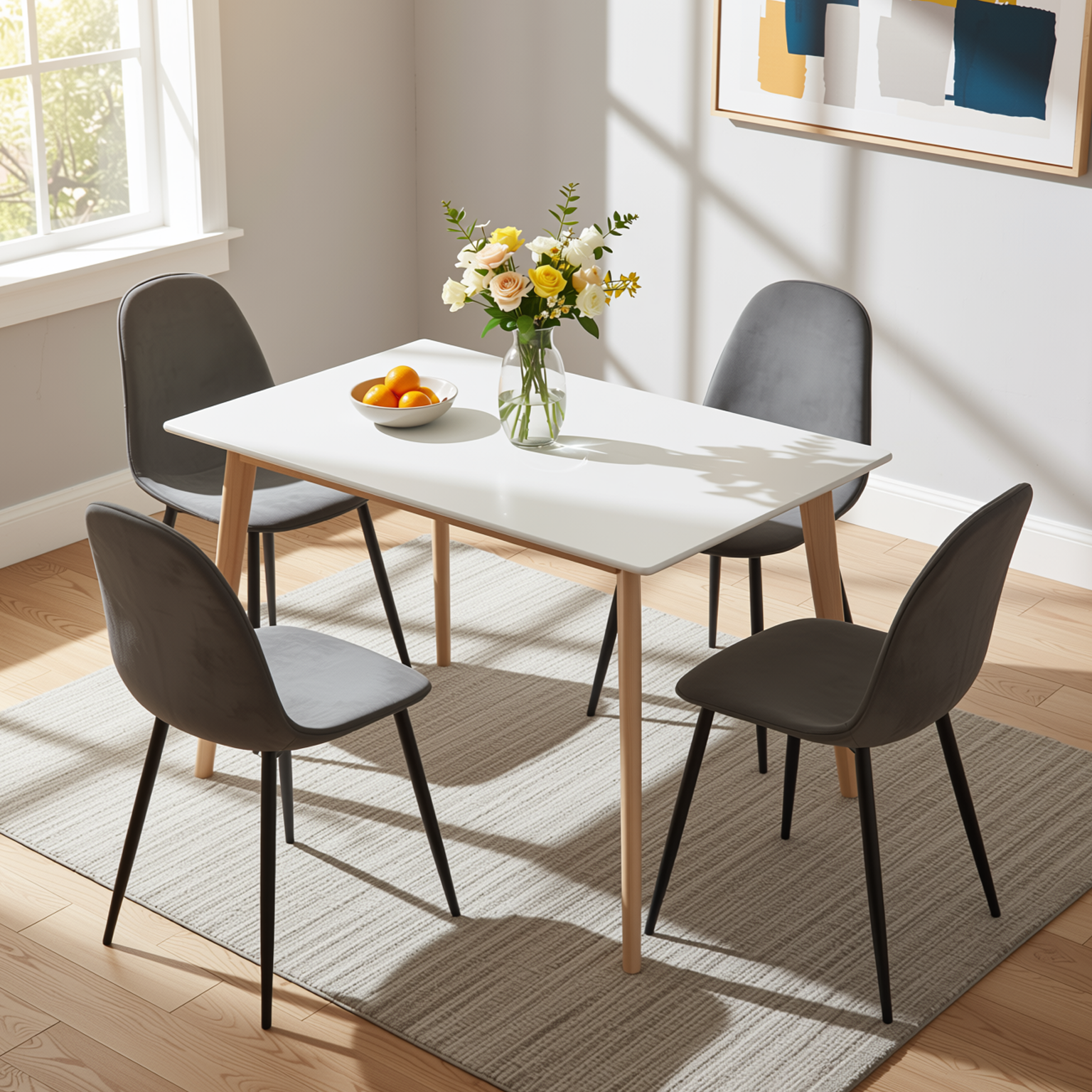 Homy Casa CURRENCY+CHARLTON 5PC Dining Set 47.2” Rectangular Dining Table with 4 Upholstered Dining Chairs in White and Gray Open Box
