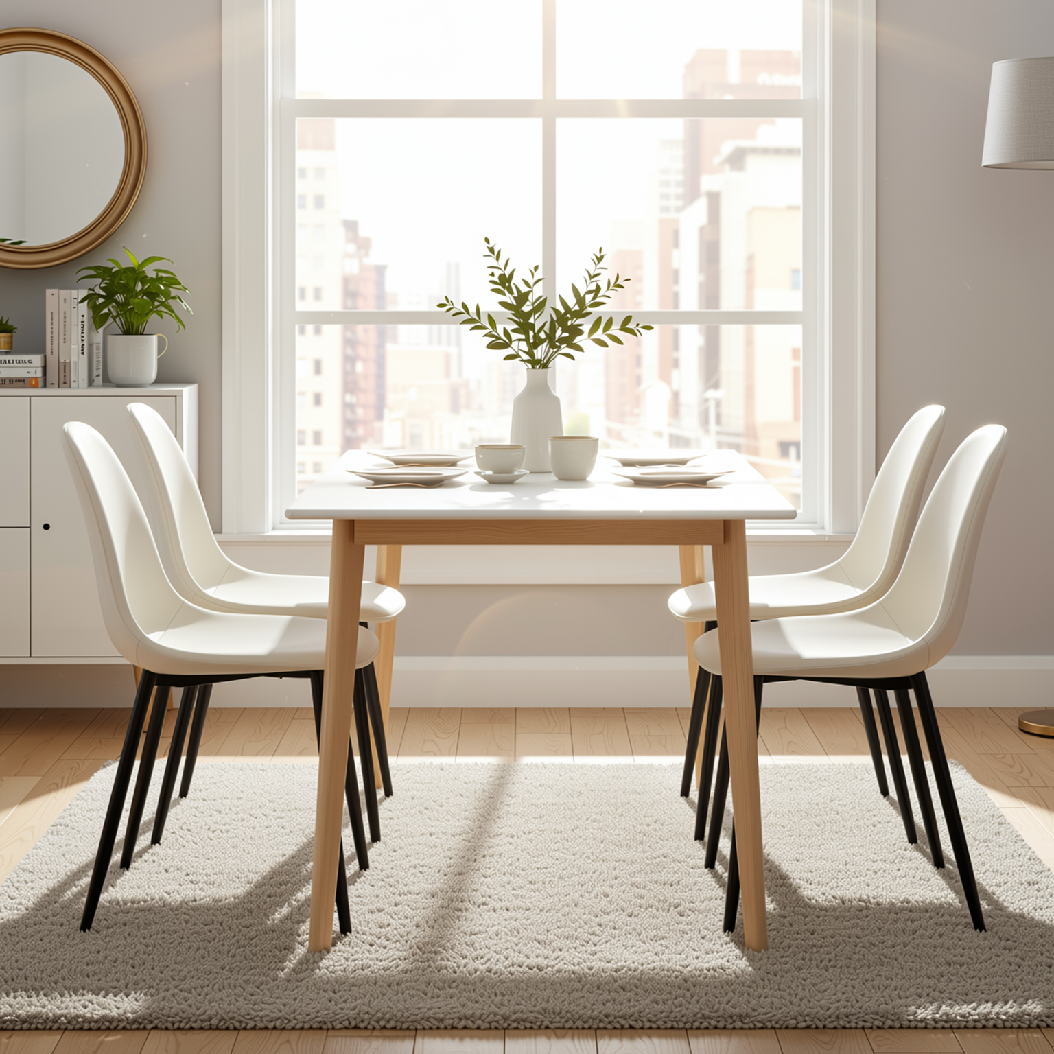 Homy Casa CURRENCY+CHARLTON 5PC Dining Set 47.2” Rectangular Dining Table with 4 Upholstered Dining Chairs in White and Beige Open Box