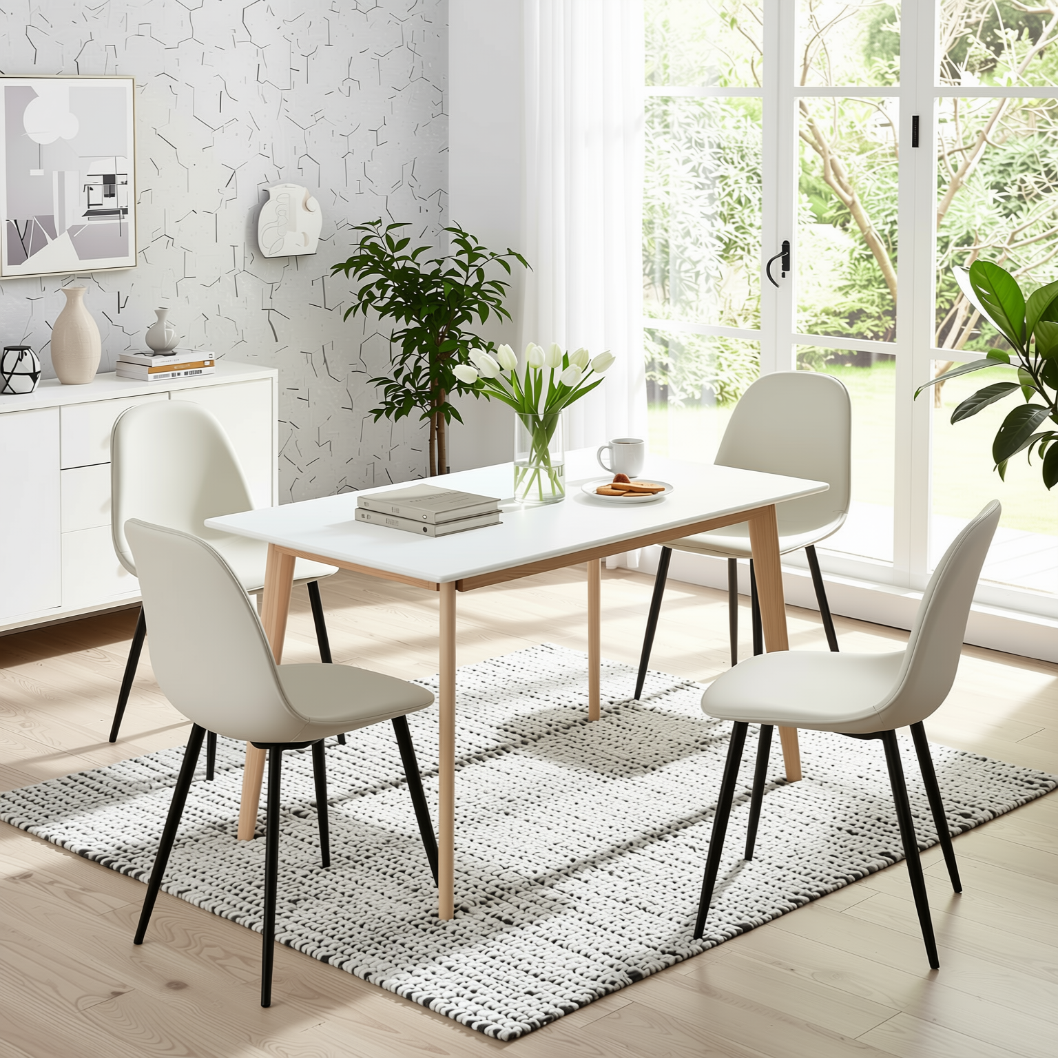 Homy Casa CURRENCY+CHARLTON 5PC Dining Set 47.2” Rectangular Dining Table with 4 Upholstered Dining Chairs in White and Beige Open Box