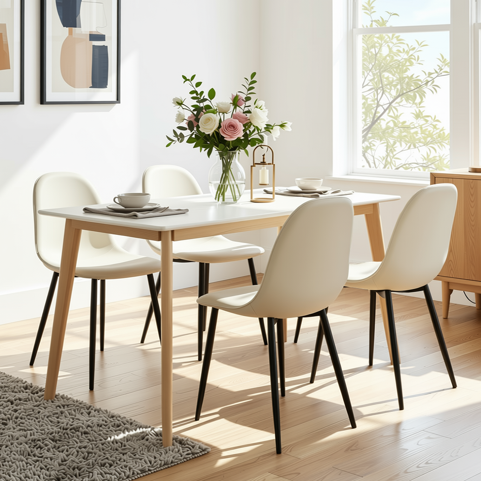 Homy Casa CURRENCY+CHARLTON 5PC Dining Set 47.2” Rectangular Dining Table with 4 Upholstered Dining Chairs in White and Beige Open Box