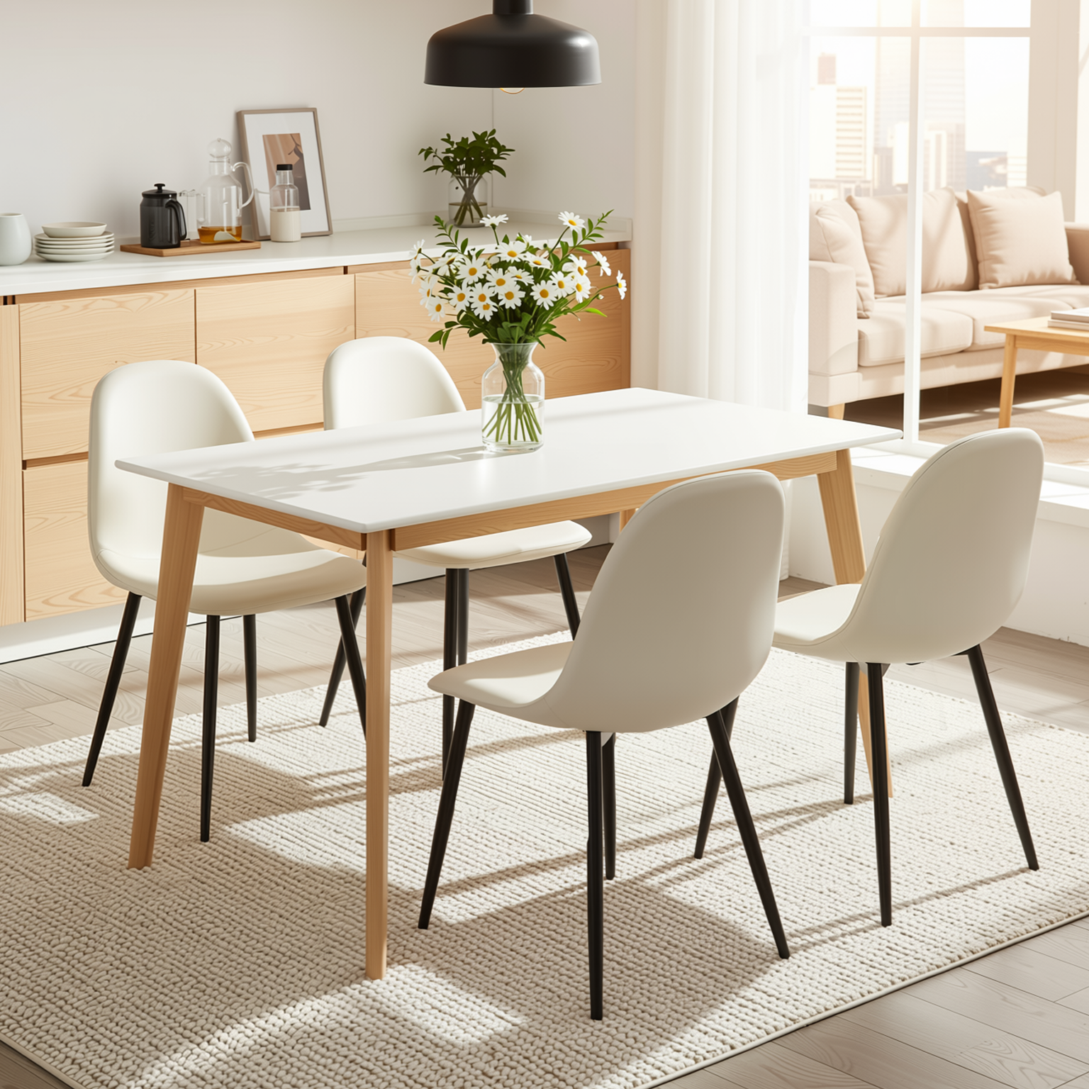 Homy Casa CURRENCY+CHARLTON 5PC Dining Set 47.2” Rectangular Dining Table with 4 Upholstered Dining Chairs in White and Beige Open Box
