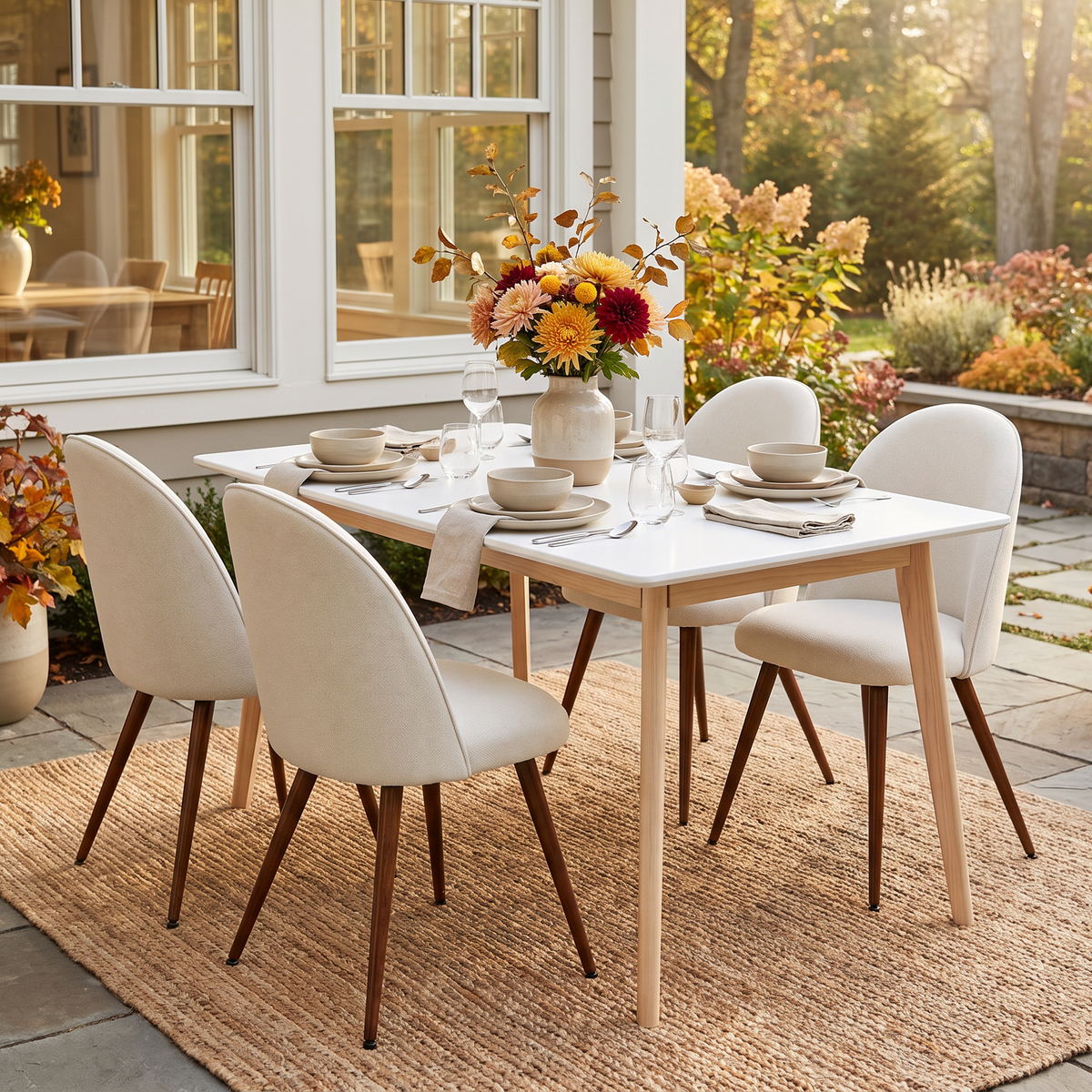 Homy Casa CURRENCY+HAVEN 5PC Dining Set 47.2” Rectangular Dining Table with 4 Upholstered Chairs in White and Beige Open Box