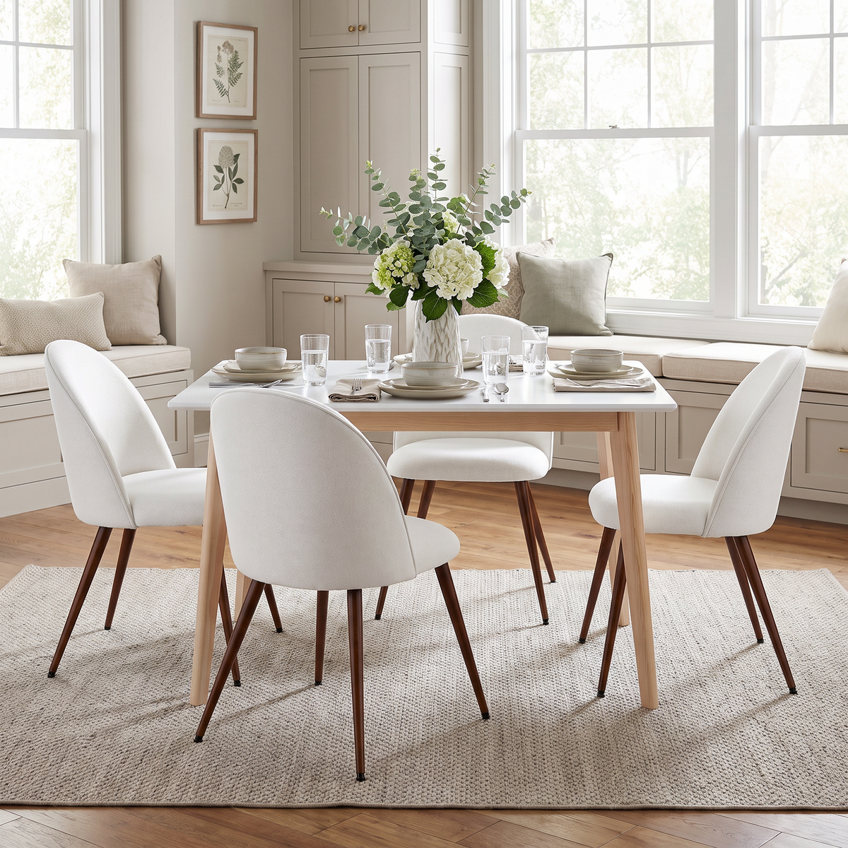 Homy Casa CURRENCY+HAVEN 5PC Dining Set 47.2” Rectangular Dining Table with 4 Upholstered Chairs in White and Beige Open Box