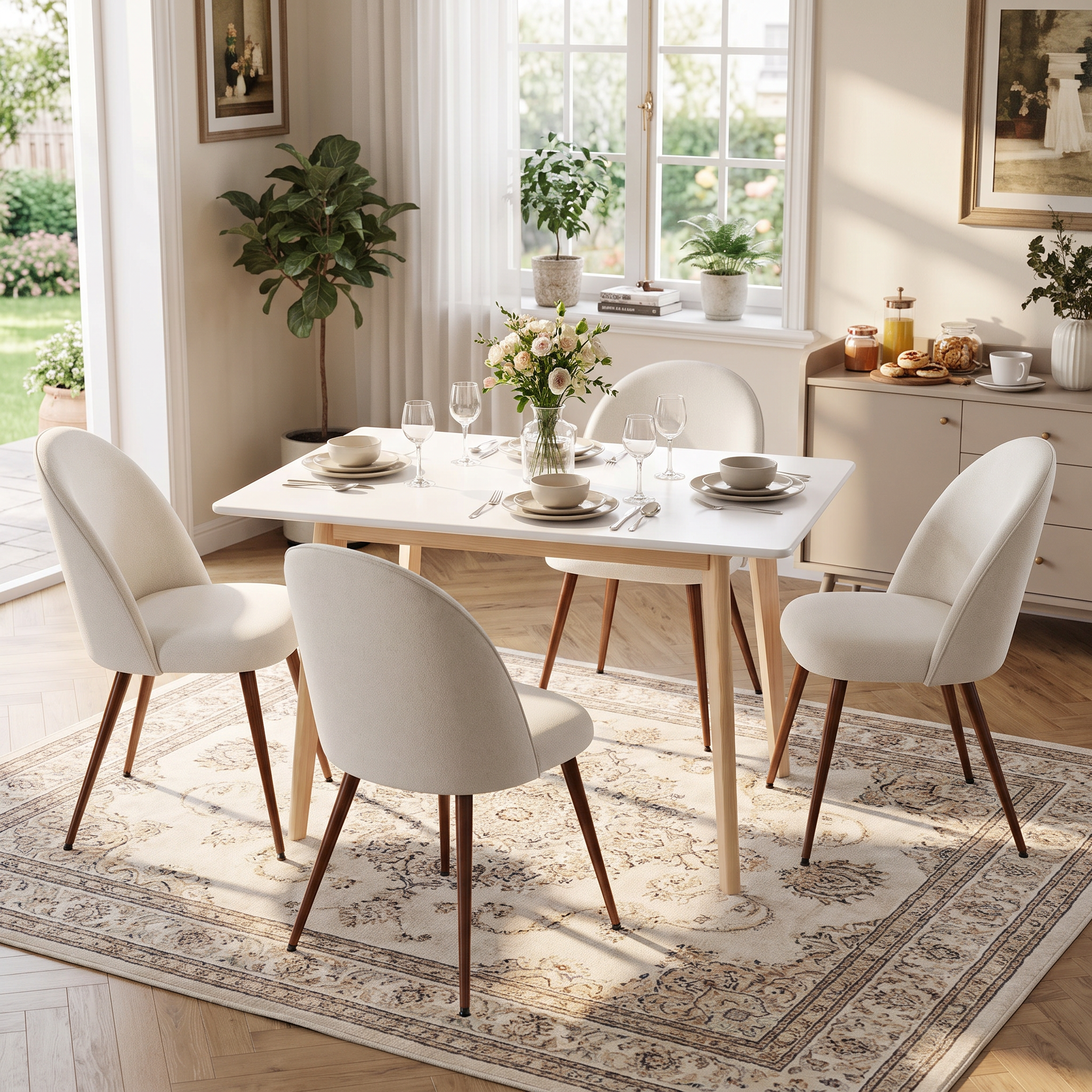 Homy Casa CURRENCY+HAVEN 5PC Dining Set 47.2” Rectangular Dining Table with 4 Upholstered Chairs in White and Beige Open Box