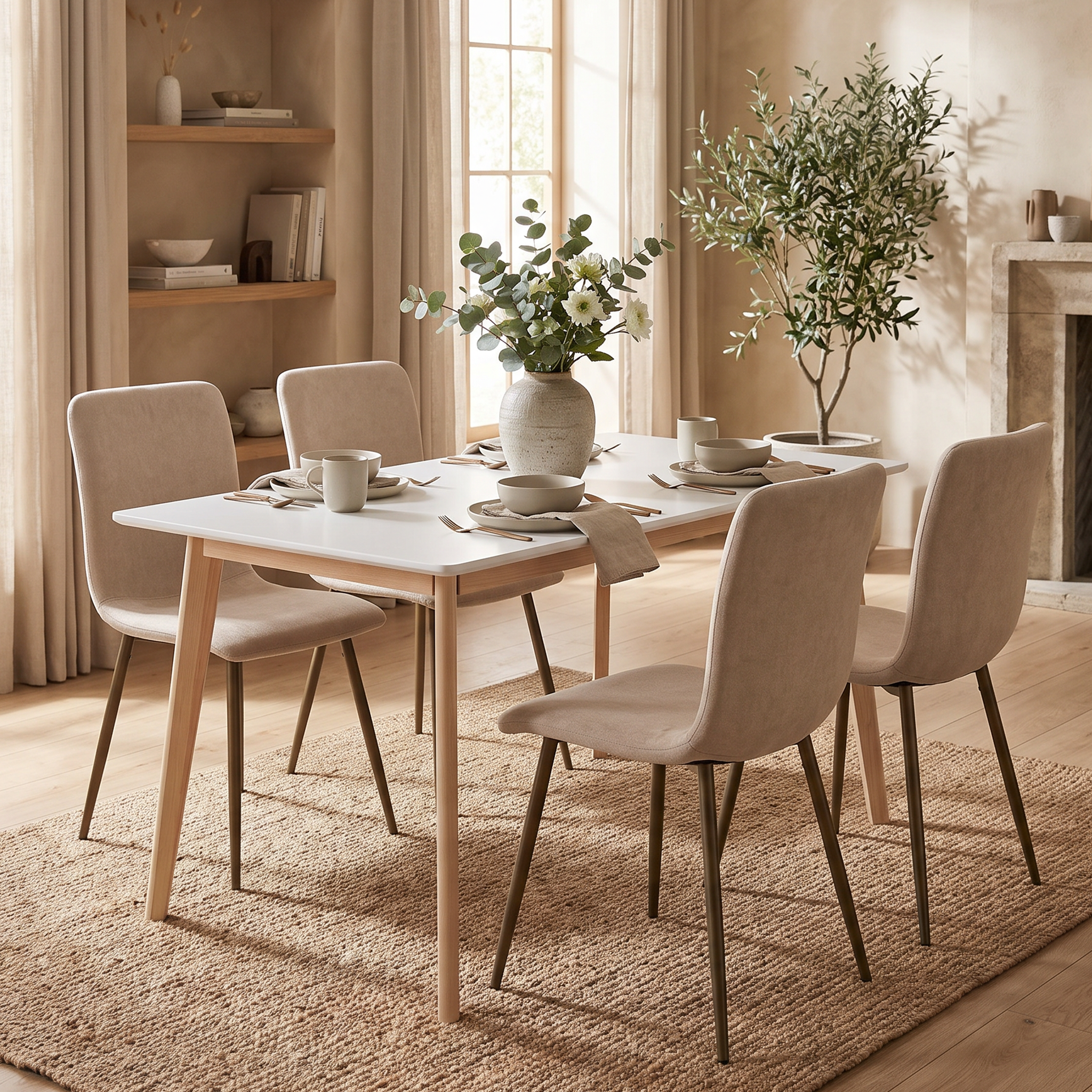 Homy Casa CURRENCY+SCARGILL 5PC Dining Set 47.2" Table with 4 Scargill Beige Fabric Chairs in White and Gold Open Box
